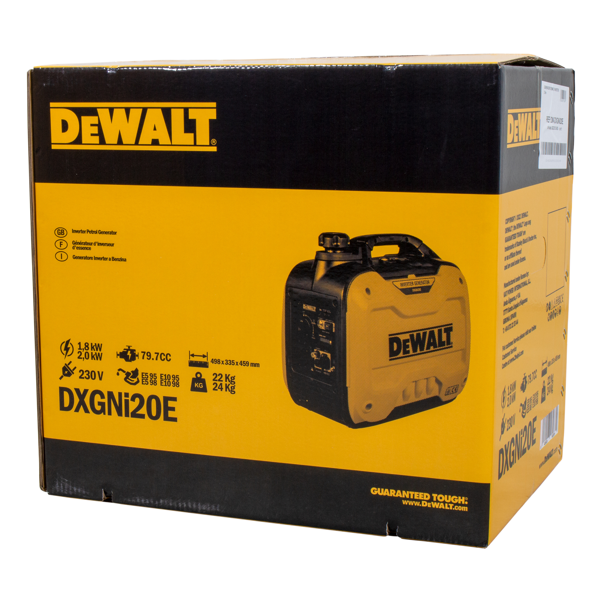 Una caja DeWalt muestra un generador inversor. La caja es negra y amarilla. El generador es negro y amarillo. Texto y especificaciones visibles.
