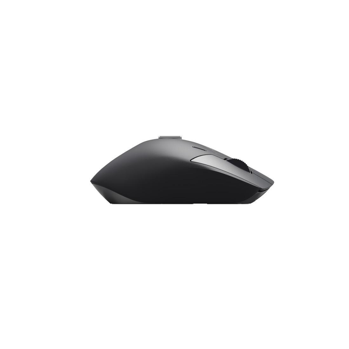 A side view of a black computer mouse. It has a scroll wheel and two buttons. The background is plain white.