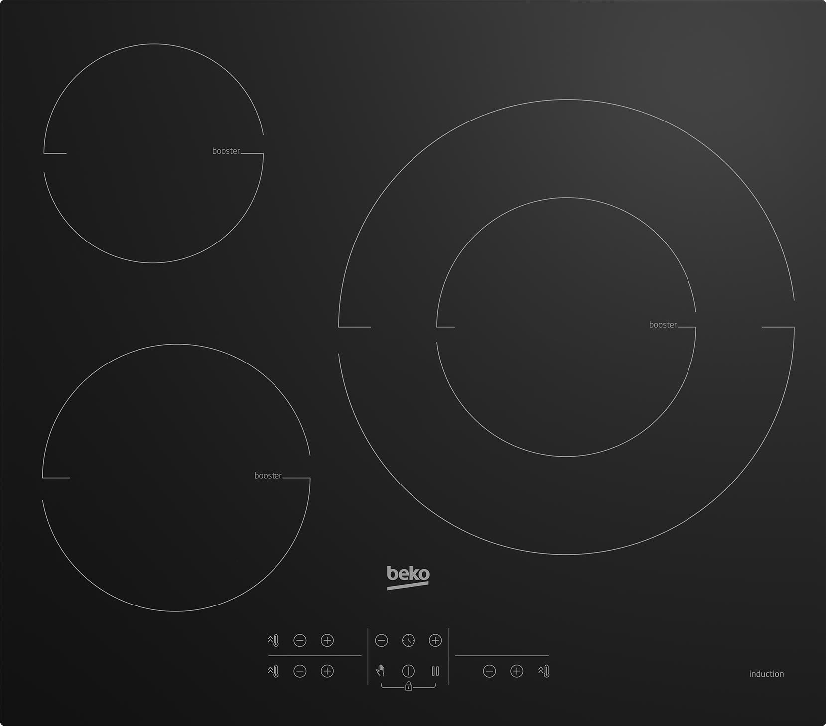 Czarna płyta indukcyjna z trzema palnikami i panelem sterowania. Logo Beko obecne. Widoczny tekst 'indukcja'.