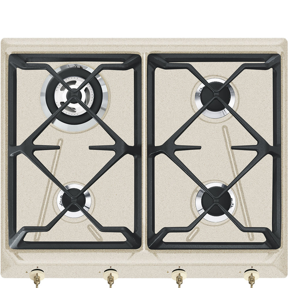 Beżowa płyta grzejna z czterema czarnymi palnikami. Poniżej widoczne są cztery kremowe pokrętła. Płyta grzejna ma nakrapianą fakturę.