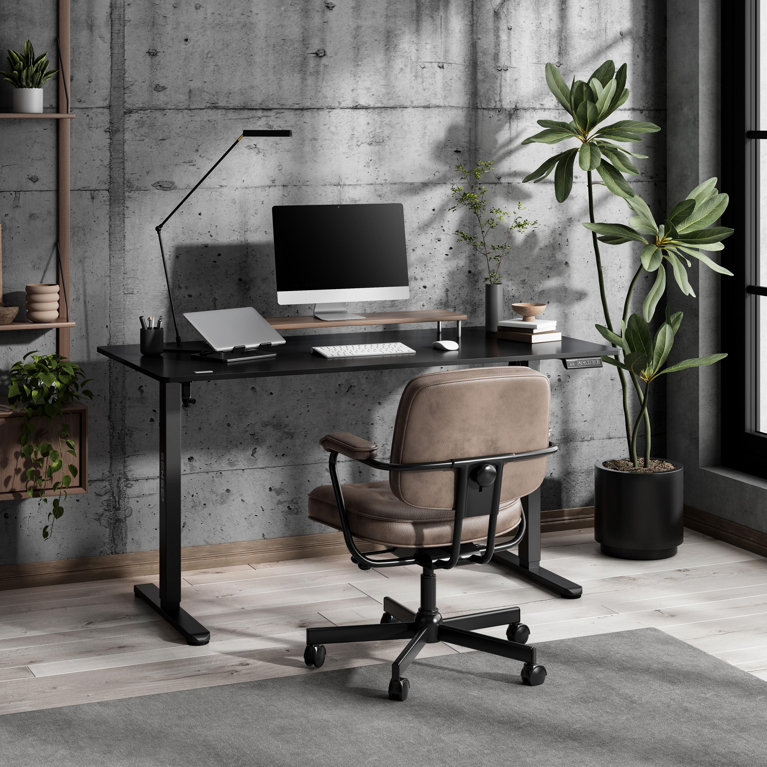 Moderne Büroeinrichtung mit schwarzem Schreibtisch, Computer, Stuhl und Pflanzen vor einer Betonwand. Tageslicht.