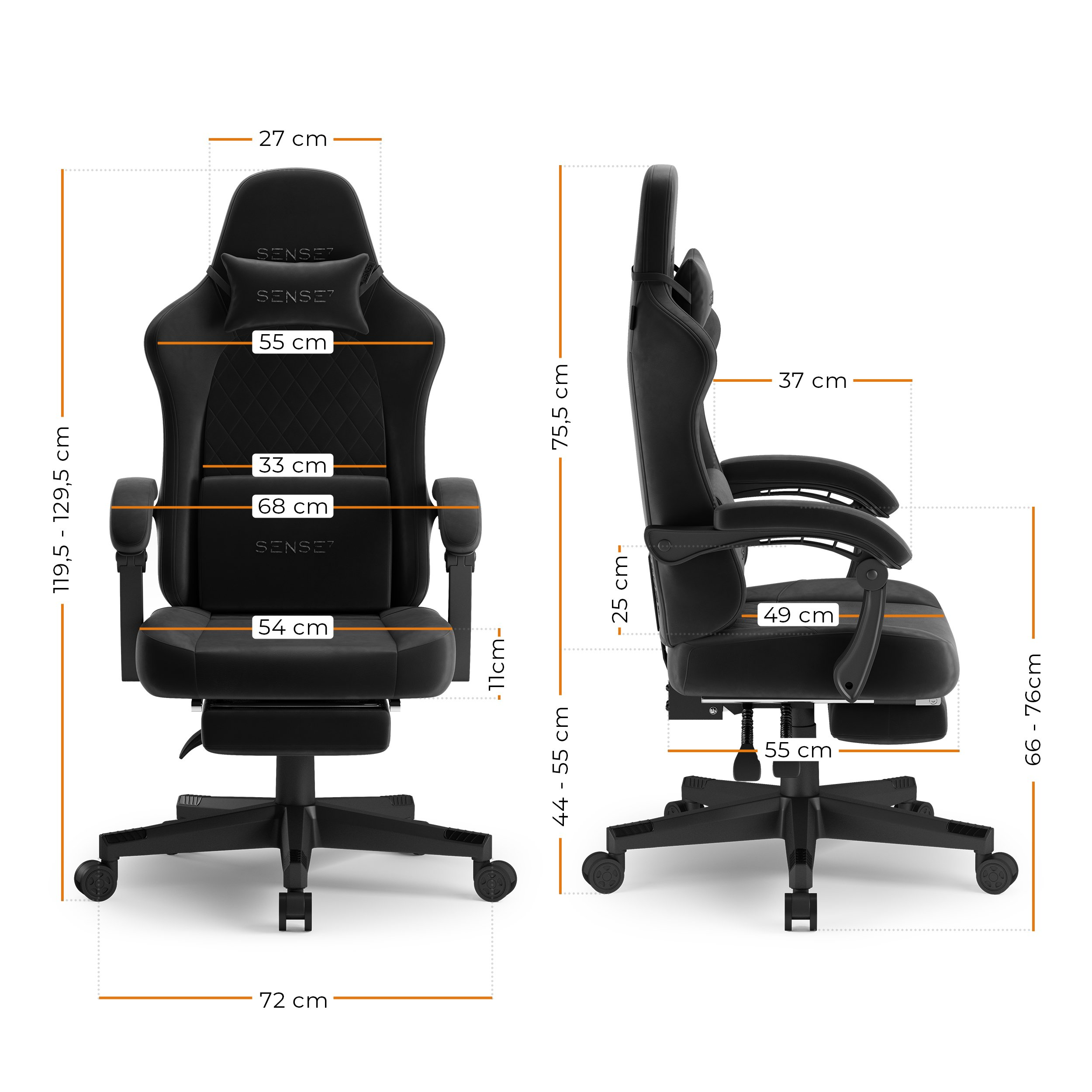 Ein schwarzer SENSE7 Gaming-Stuhl mit Maßangaben in Zentimetern. Der Stuhl steht auf Rollen, mit Kopf- und Fußstütze.
