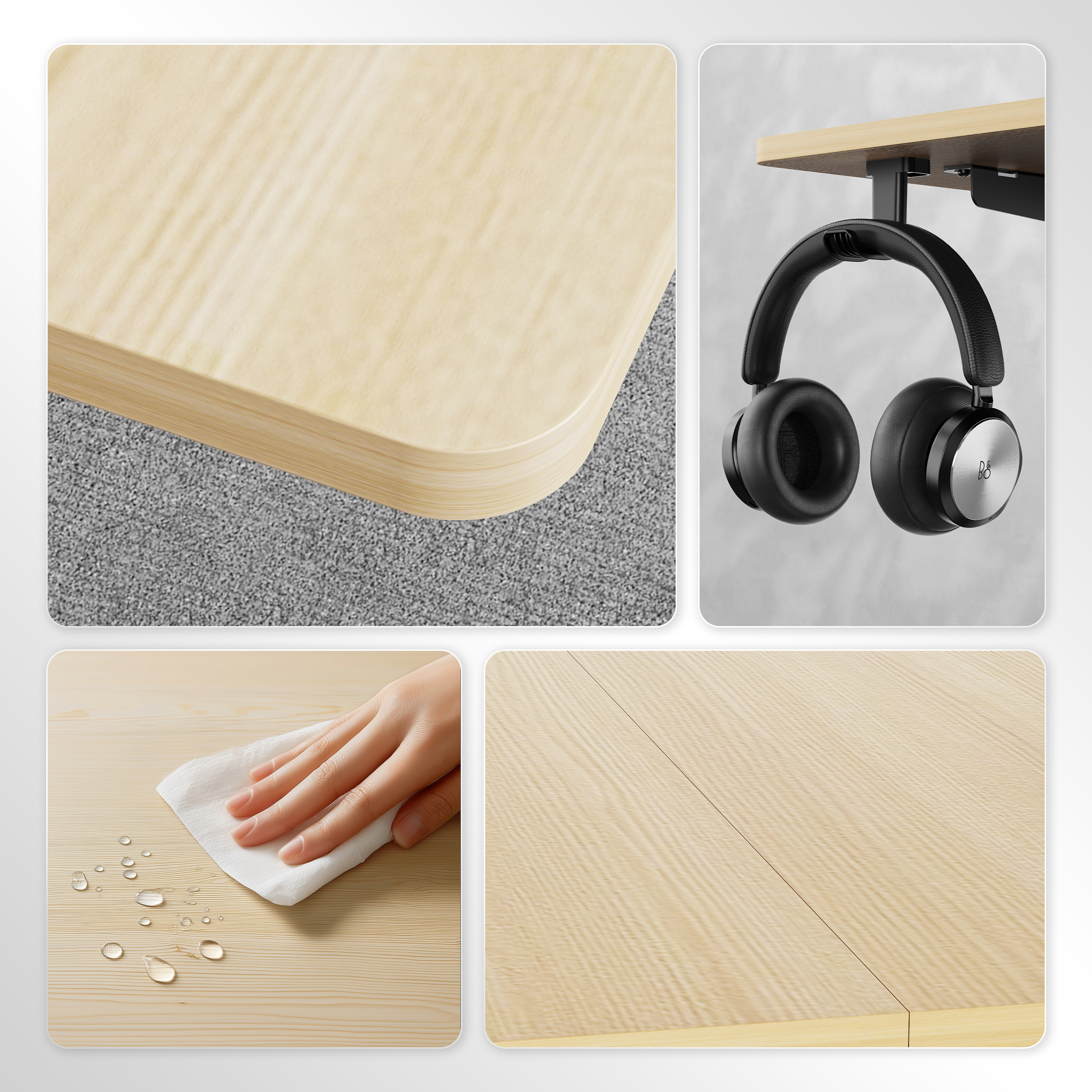 L'immagine mostra un tavolo di legno con cuffie appese. Una mano pulisce gocce d'acqua. Primo piano dell'angolo e della superficie del tavolo.