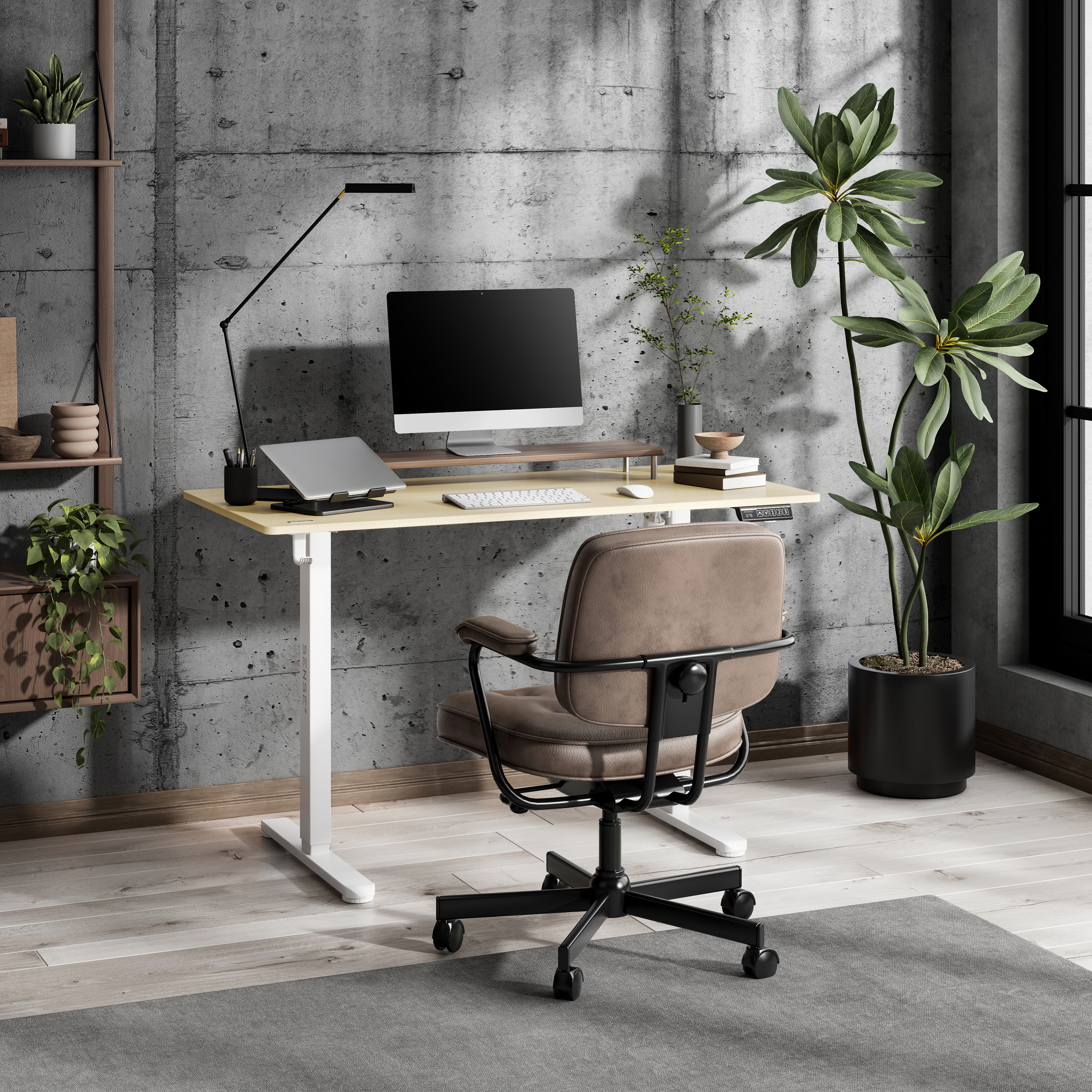 Een moderne kantooropstelling met bureau, stoel, computer, planten en een grijs tapijt tegen een betonnen muur.
