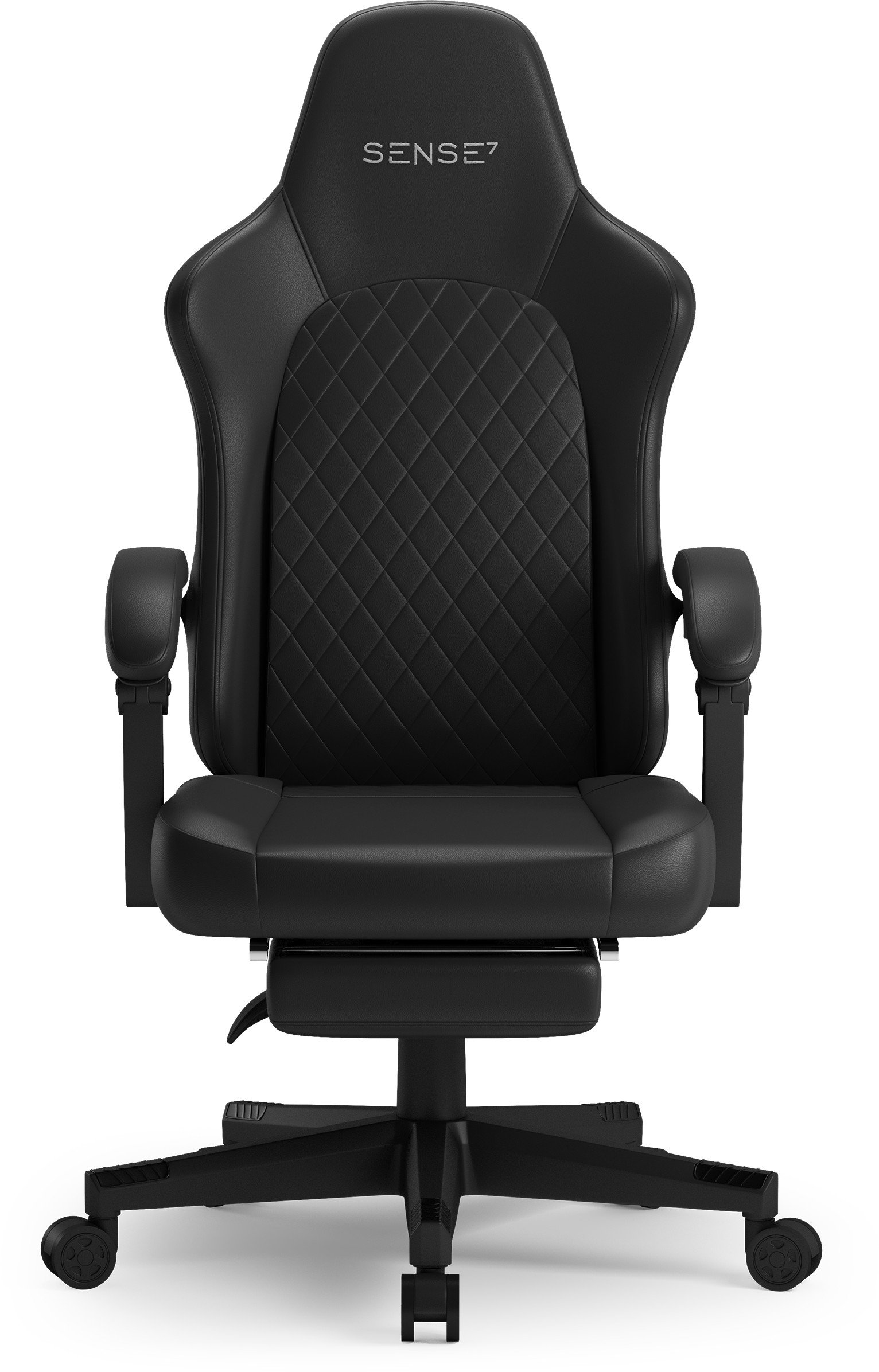 Zwarte gamingstoel. Met armleuningen, hoofdsteun 'SENSE7' en ruitvormige rugleuning.