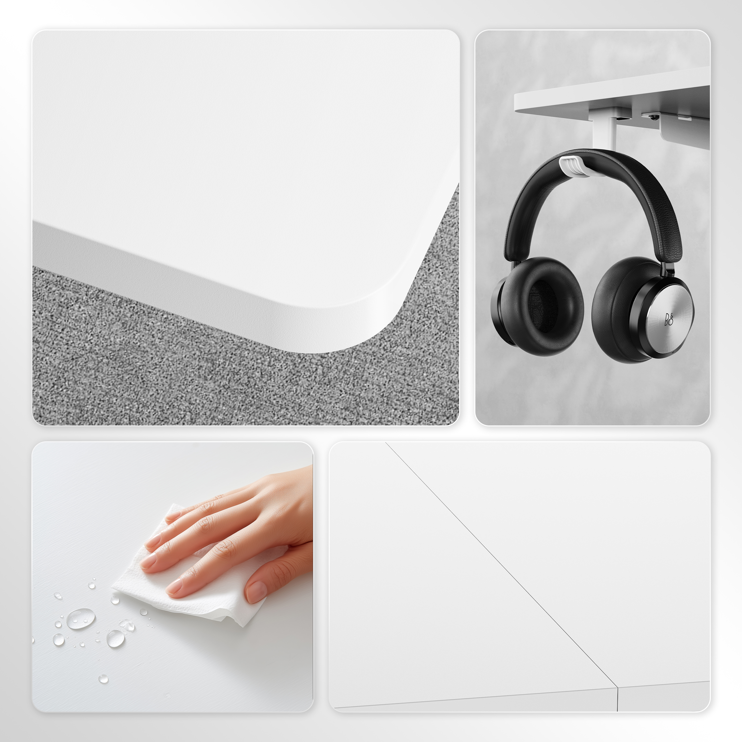 De afbeelding toont een witte bureau met een koptelefoon, een hand die de bureau afveegt met een doek en waterdruppels.