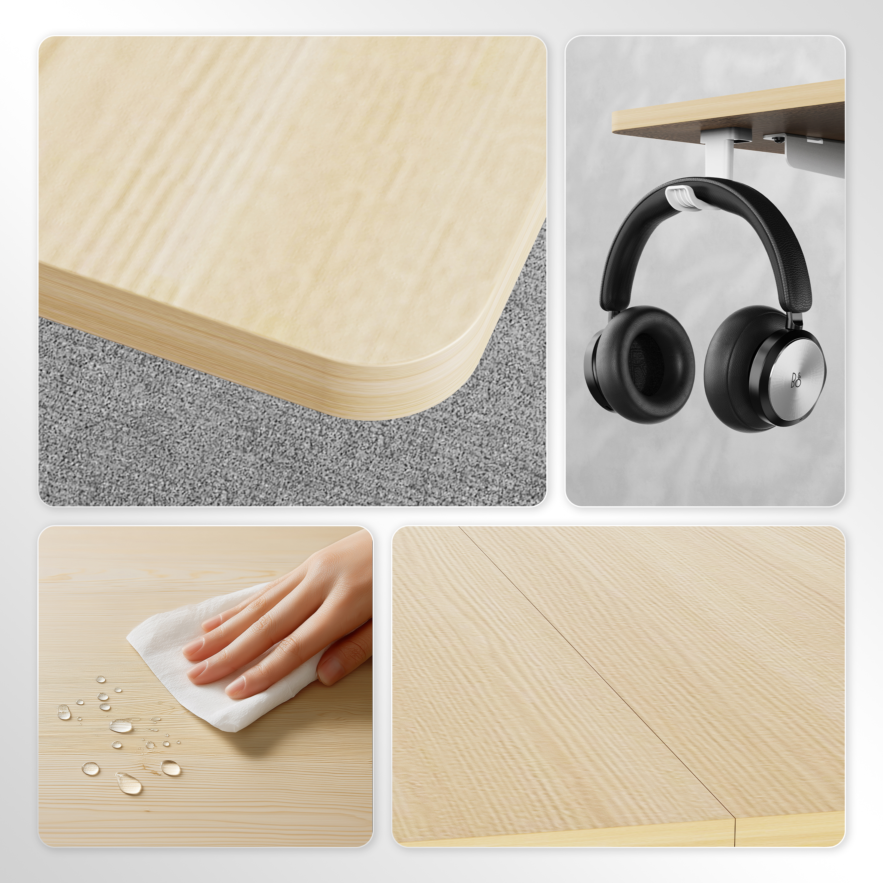 Afbeelding met houten oppervlakken, een koptelefoon en een hand die een tafel afveegt. Waterdruppels op het oppervlak.
