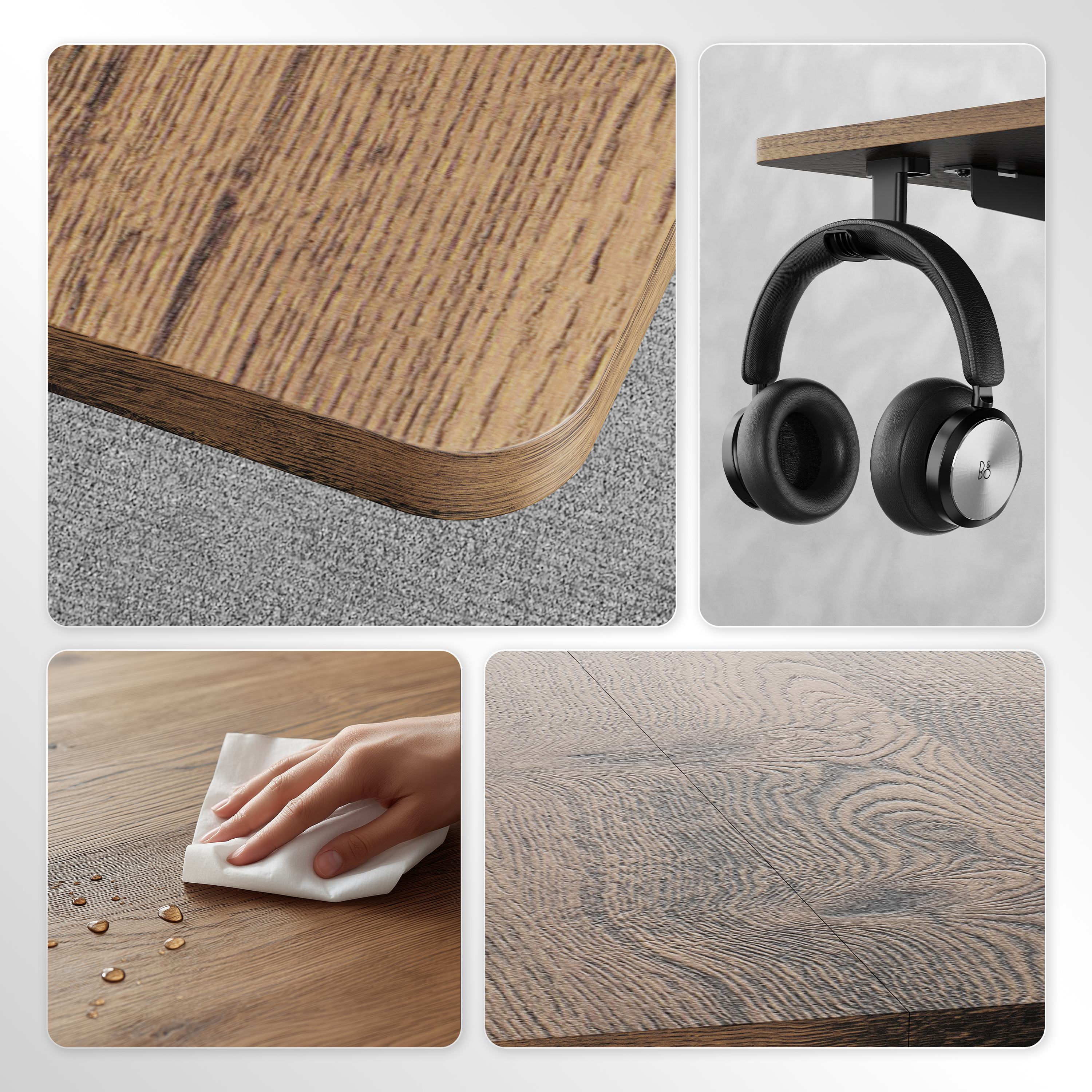 Samengestelde afbeelding met details van een houten tafel, een koptelefoon en een hand die het oppervlak afveegt. Er zijn waterdruppels aanwezig.