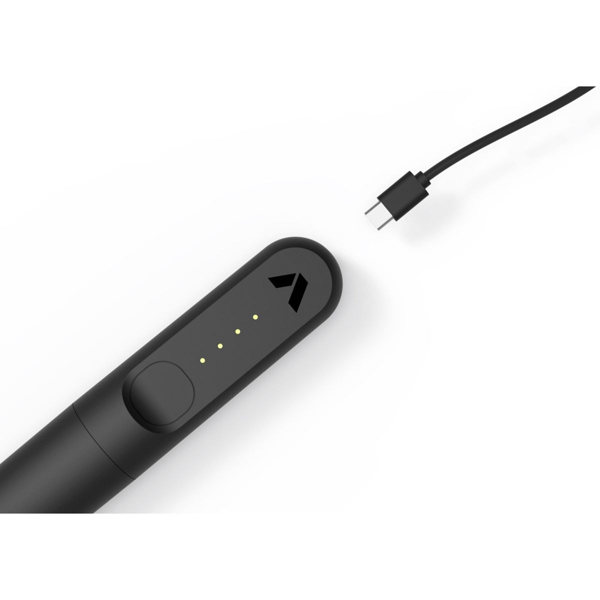 Schwarzes, längliches Gerät mit Ladekabel. Gerät hat Logo und Kontrollleuchten. Kabel hat einen USB-C-Anschluss.