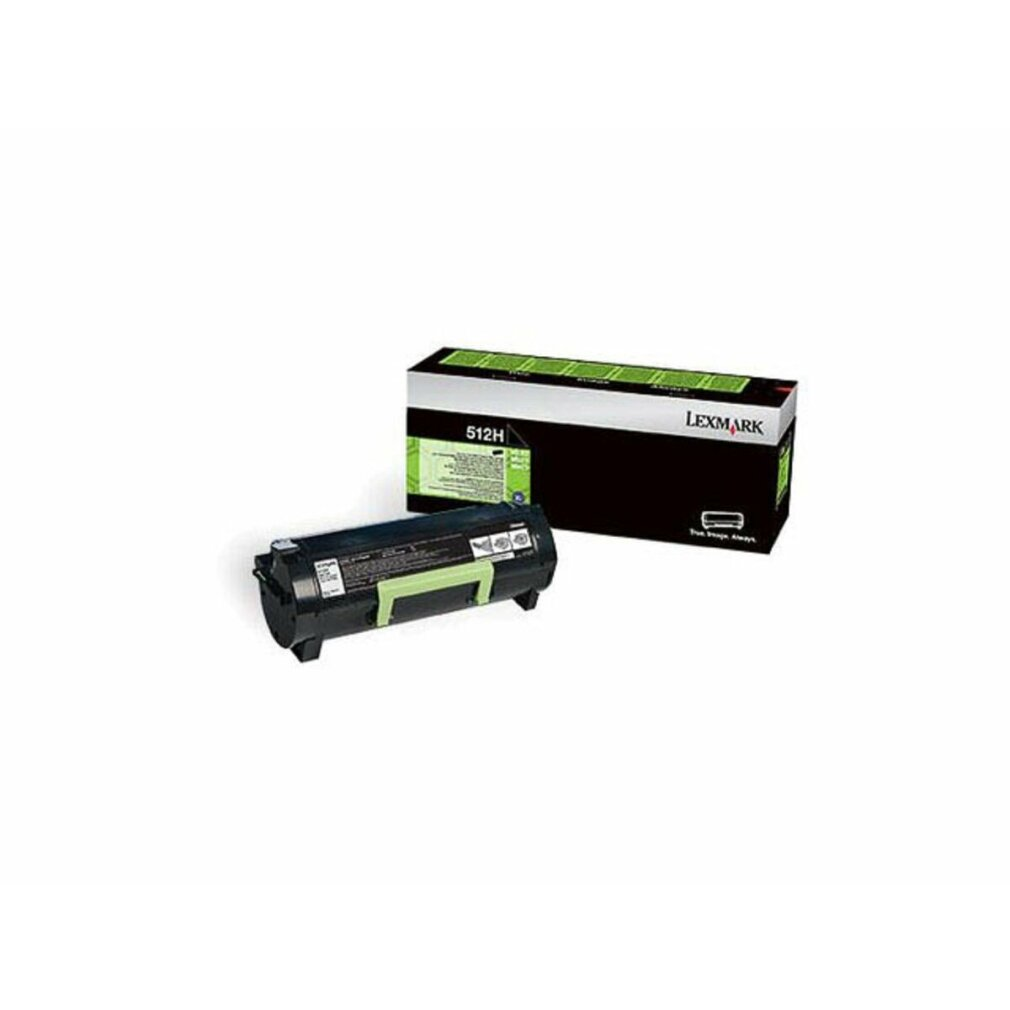 Een zwarte Lexmark 512H tonercartridge en de doos. De doos is zwart met groene accenten, de toner is zwart met groene details.