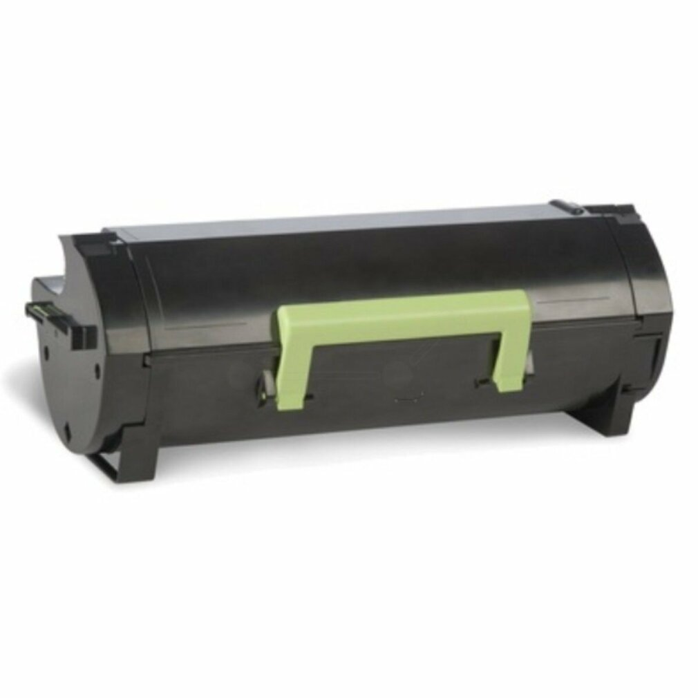 Een zwarte printertonercartridge met een lichtgroene handgreep. De cartridge is cilindrisch met een rechthoekige handgreep in het midden.