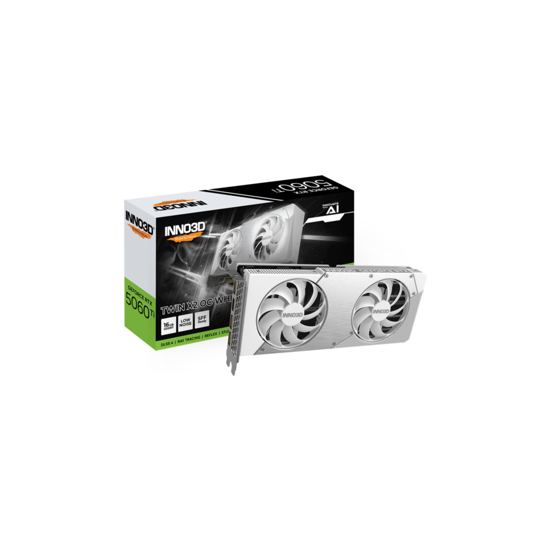 An Inno3D GeForce RTX 3060 Ti Twin X2 OC White graphics card is displayed with its box, featuring a white and silver design.