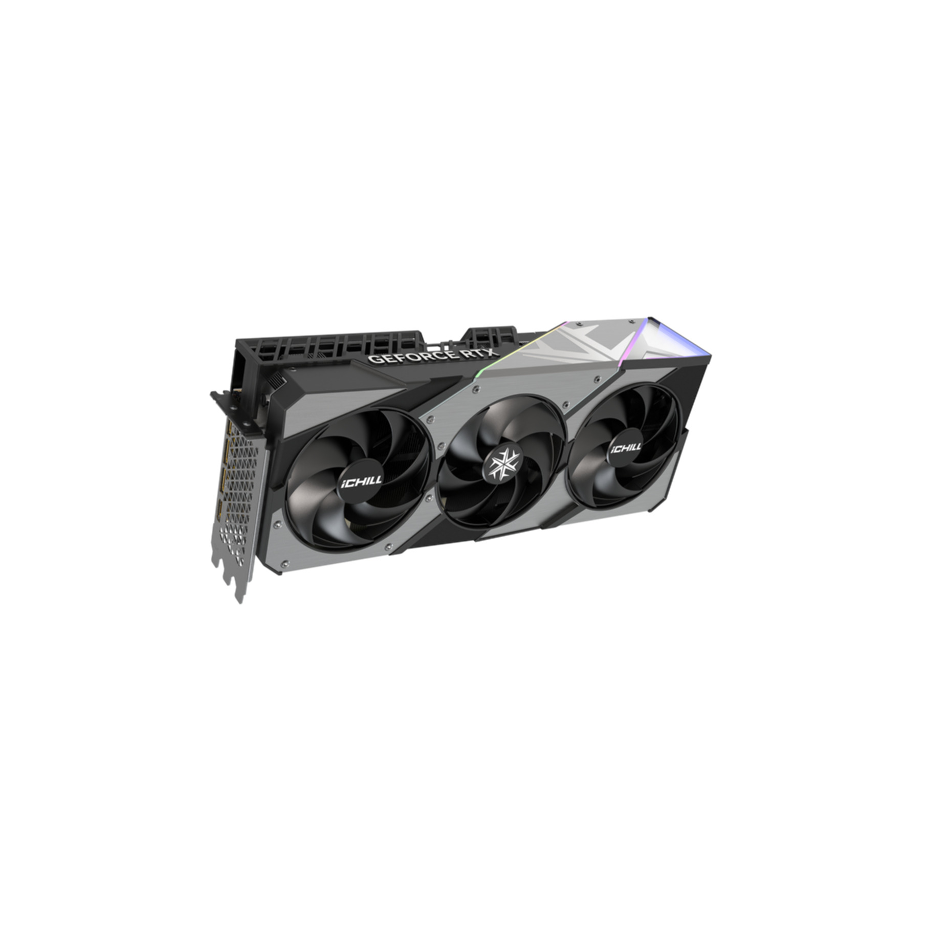 Eine silberne und schwarze Grafikkarte mit drei Lüftern. Die Karte hat den Text 'GEFORCE RTX' und die Marke 'iCHILL'.