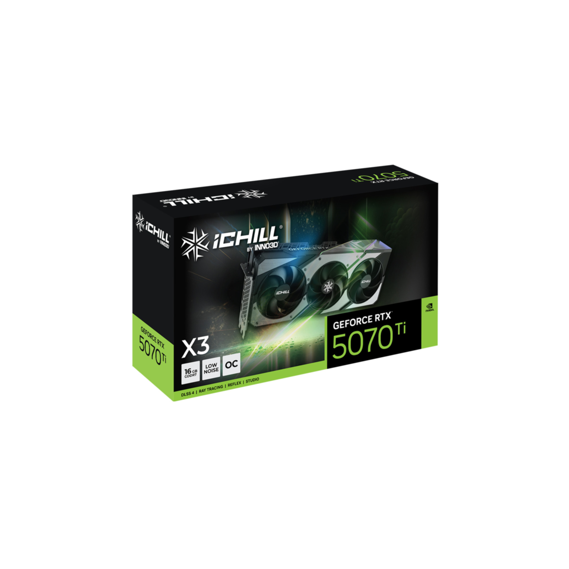 Eine Schachtel für eine iChill GeForce RTX 3070 Ti Grafikkarte. Sie zeigt die Karte mit drei Lüftern und Details.