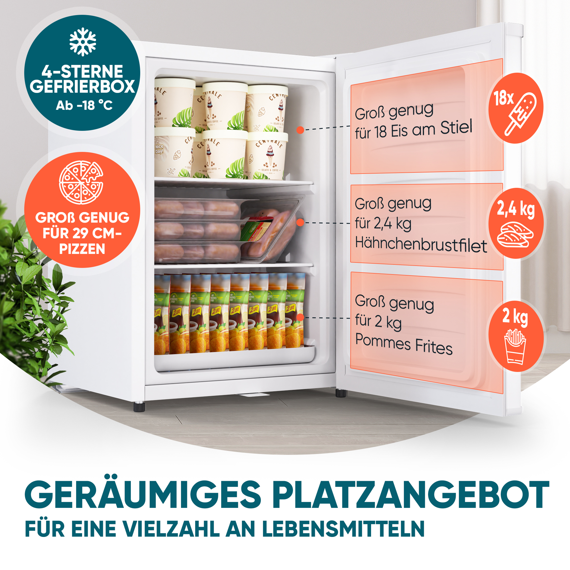 Ein weißer Kühlschrank mit offener Tür, der Lebensmittel wie Eis, Hähnchen und Pommes zeigt.
