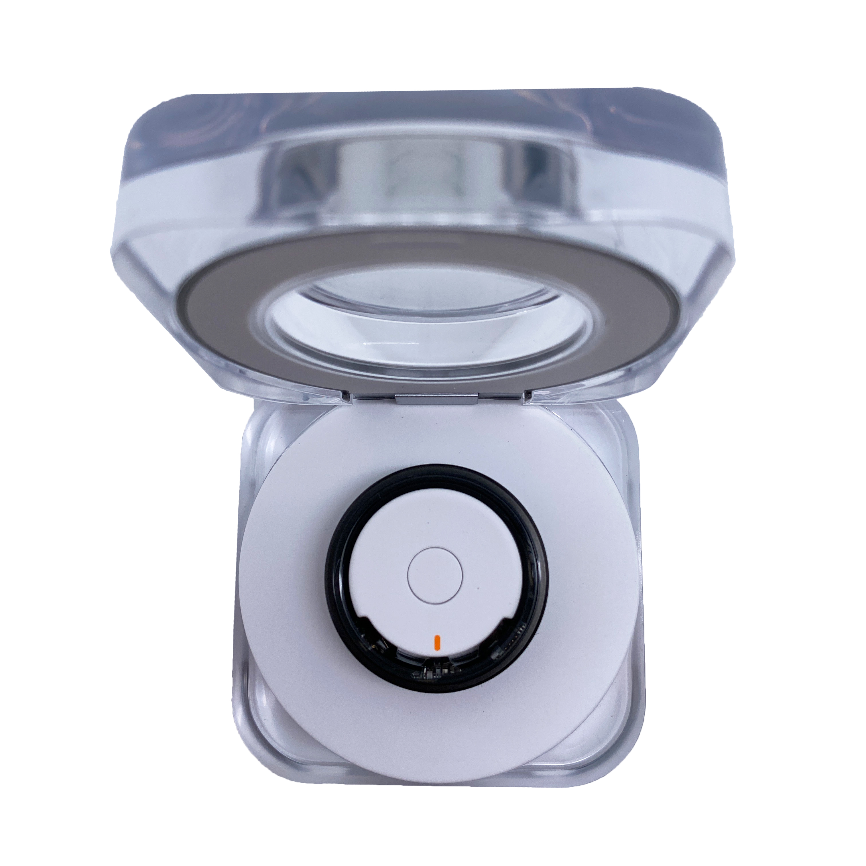 Ein weißes Smart-Home-Gerät mit einem schwarzen Ring. Der obere Teil ist transparent.