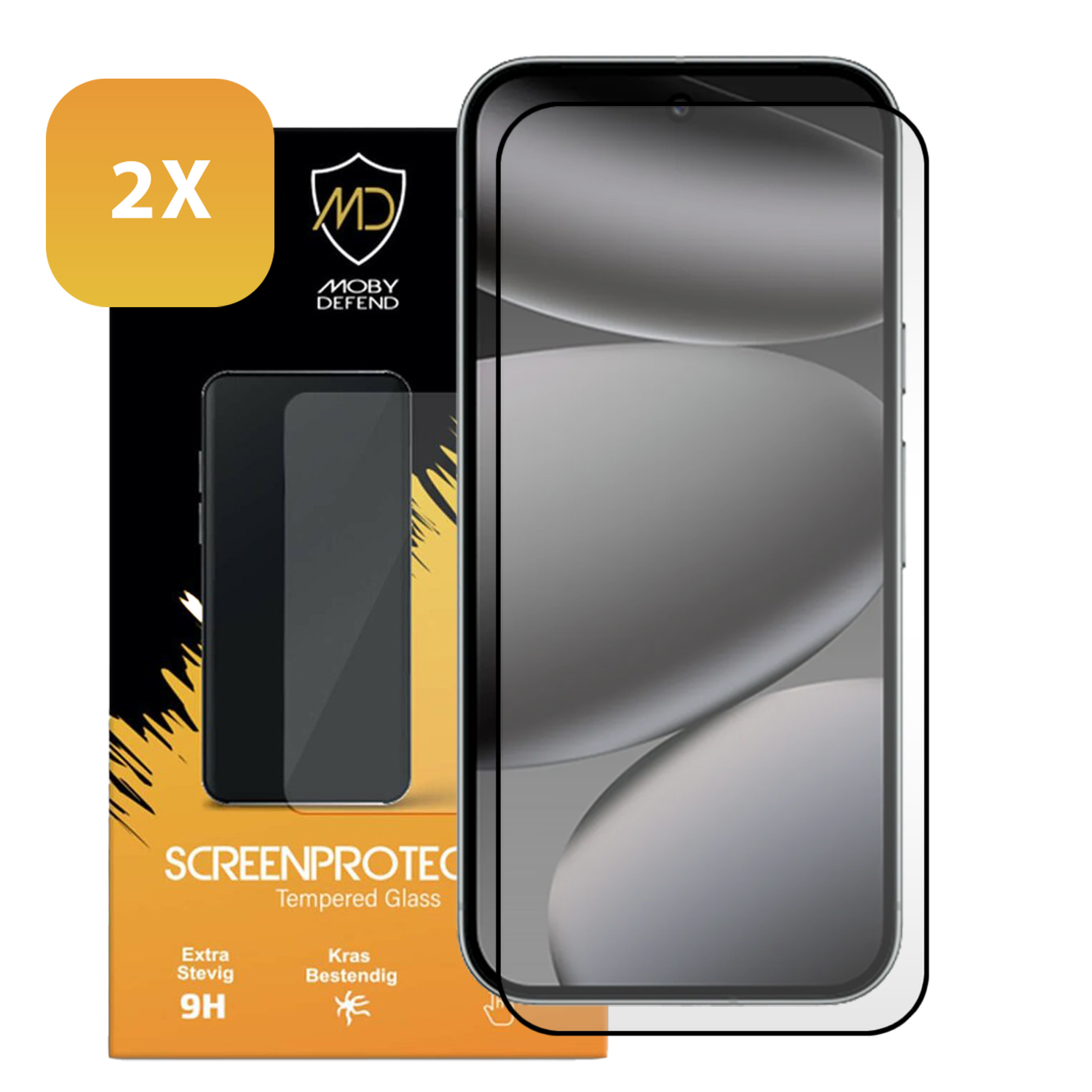 Un téléphone avec un protecteur d'écran à côté d'une boîte de protecteur d'écran, marqué "2X". La boîte indique "Screenprotec" et "Tempered Glass".