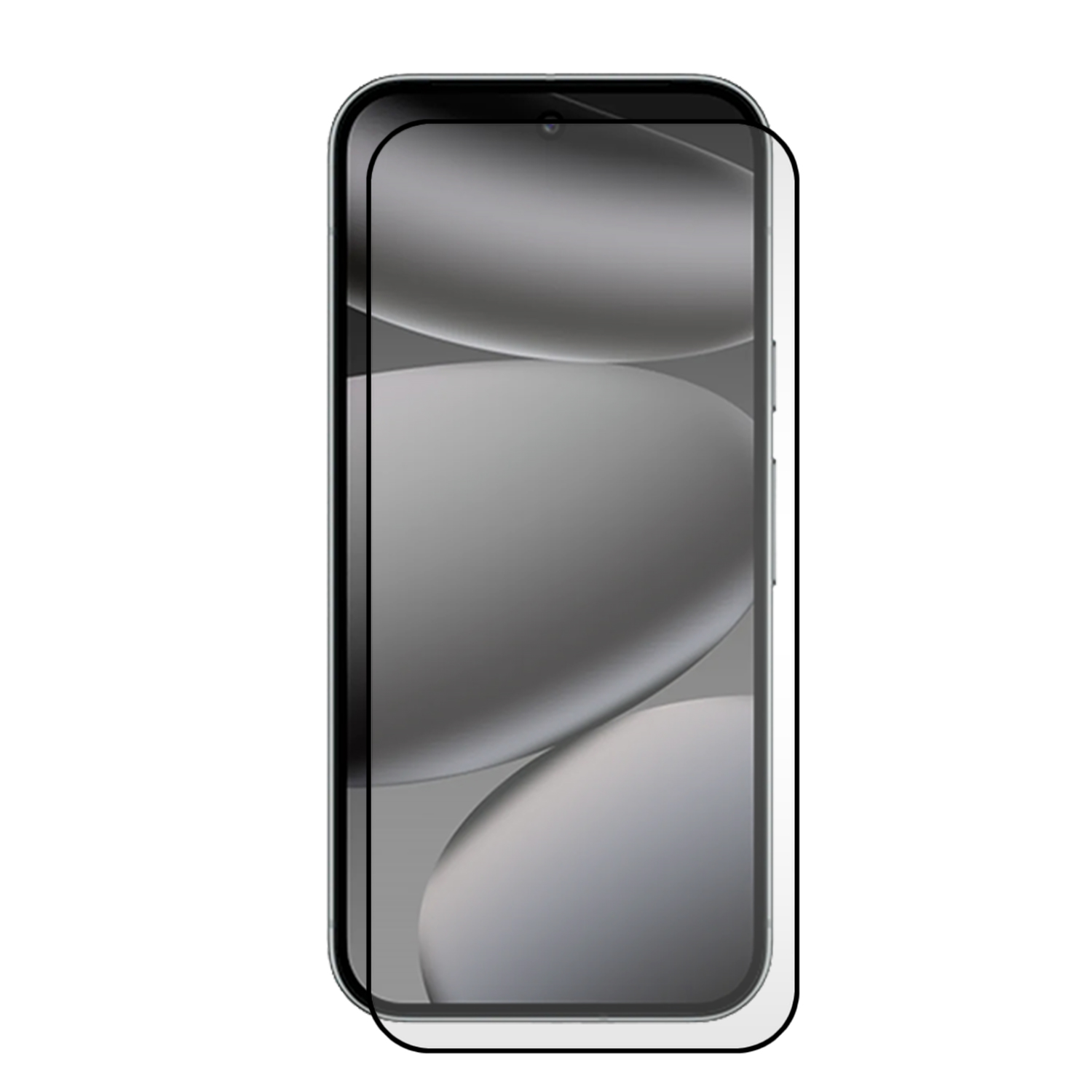 Un smartphone avec un protecteur d'écran appliqué. L'écran affiche des formes grises abstraites. Le téléphone est entouré d'un fond blanc.