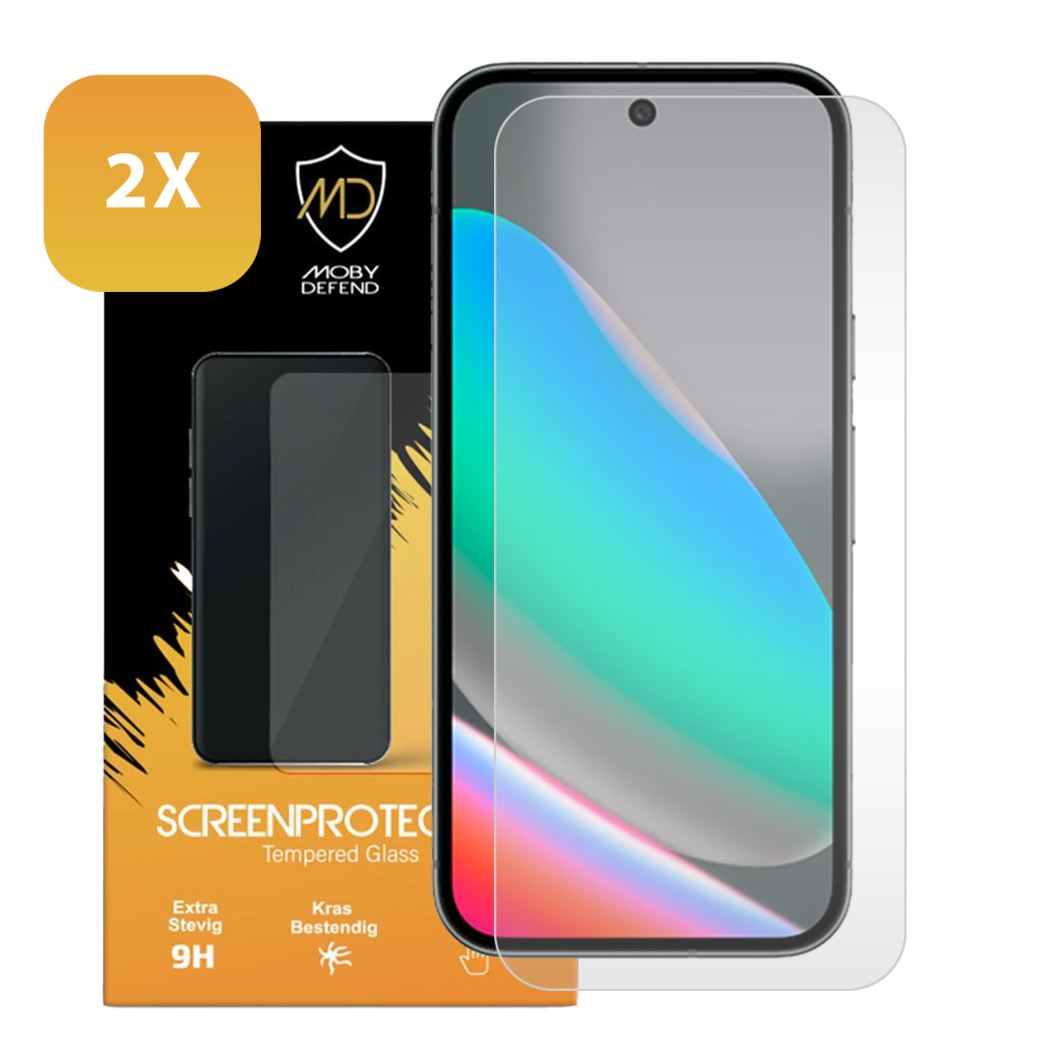Een smartphone met een schermbeschermer wordt weergegeven. De doos geeft "SCREENPROTECT" en "2X" aan. Het logo is "MOBY DEFEND".