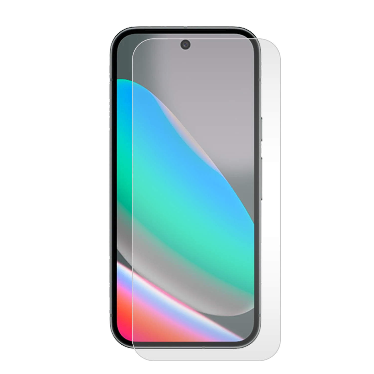Een smartphone met een schermbeschermer erop. Het scherm toont een kleurverloop. Zwart telefoonframe met afgeronde randen.