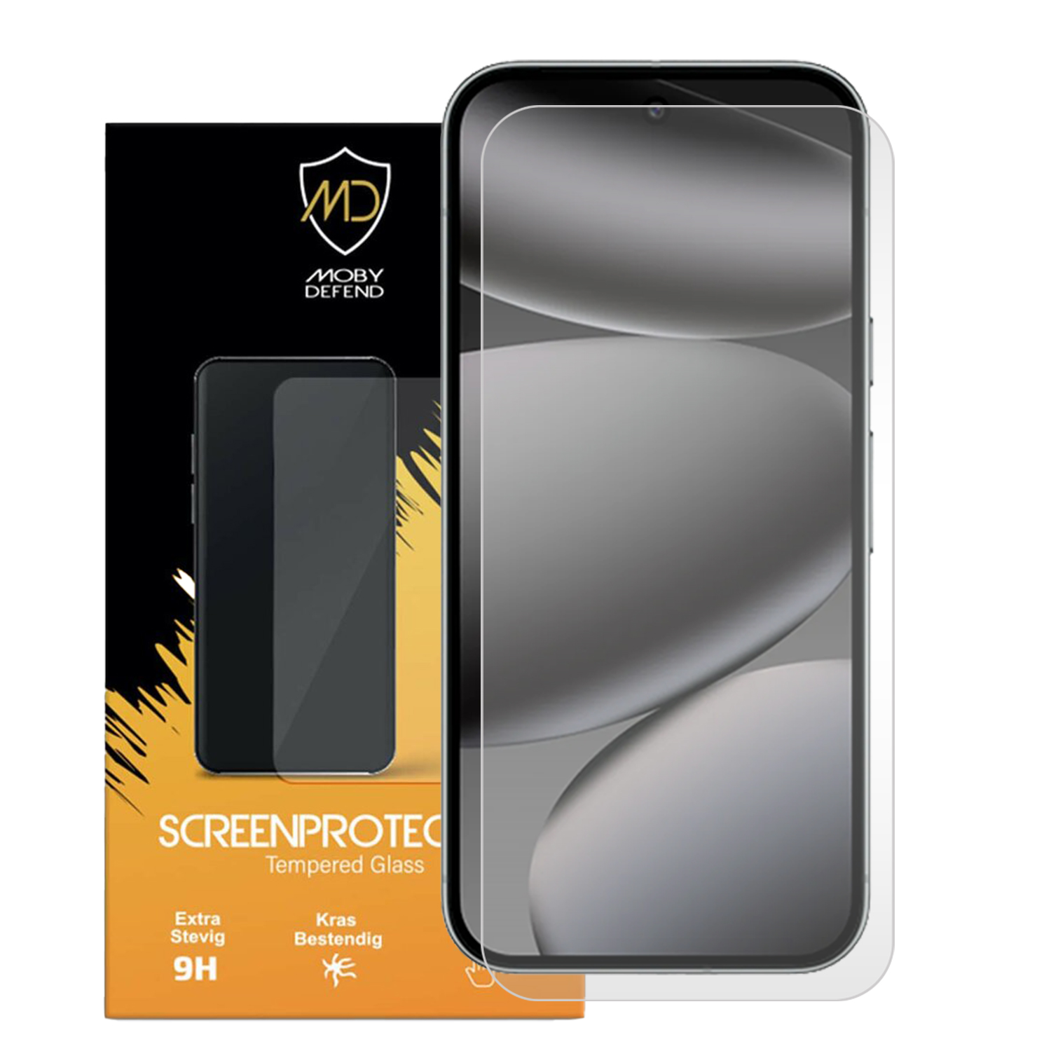 Een telefoon met een schermbeschermer wordt getoond met de verpakking. Op de doos staat 'SCREENPROTECT' en 'Tempered Glass'.