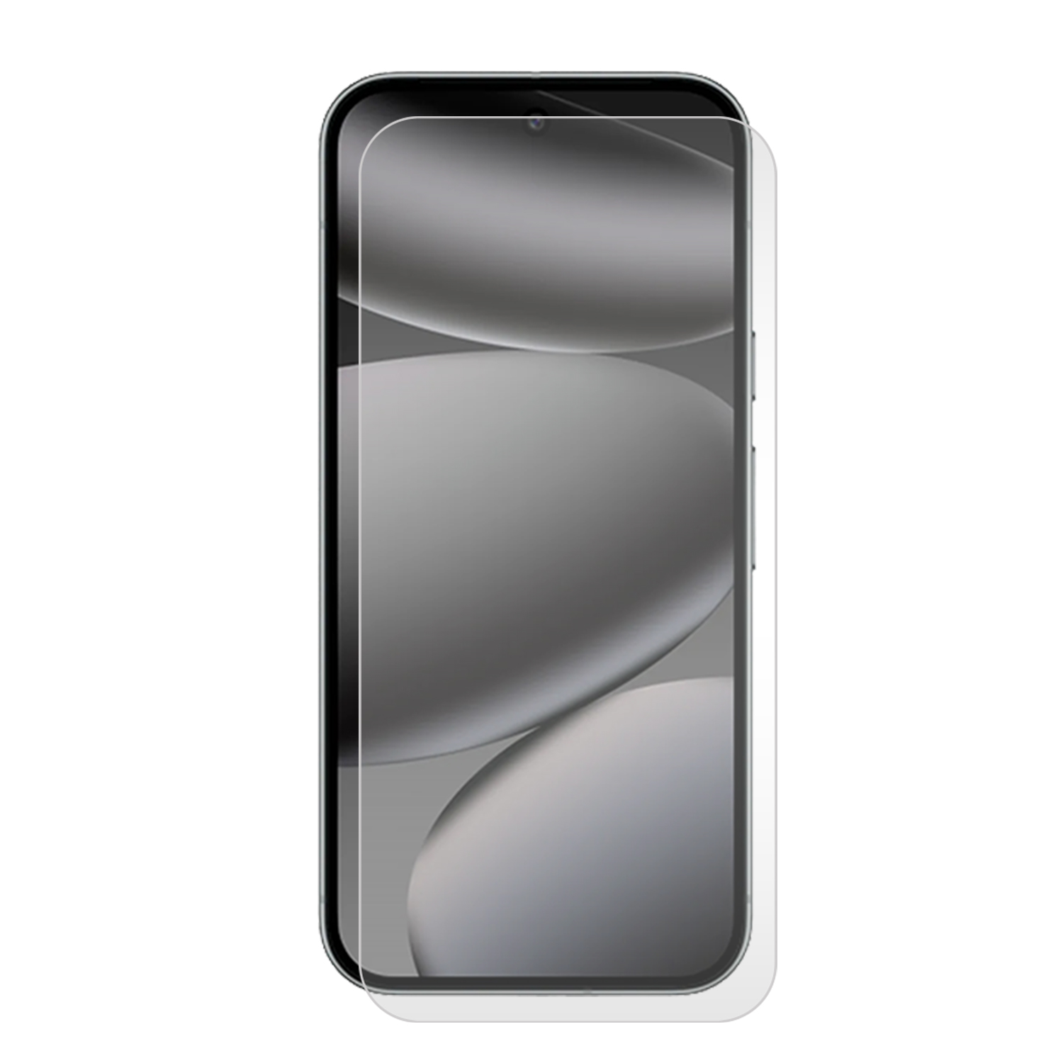 Een smartphone met een screenprotector. De telefoon is zwart met een glazen scherm en de achtergrond is wit.