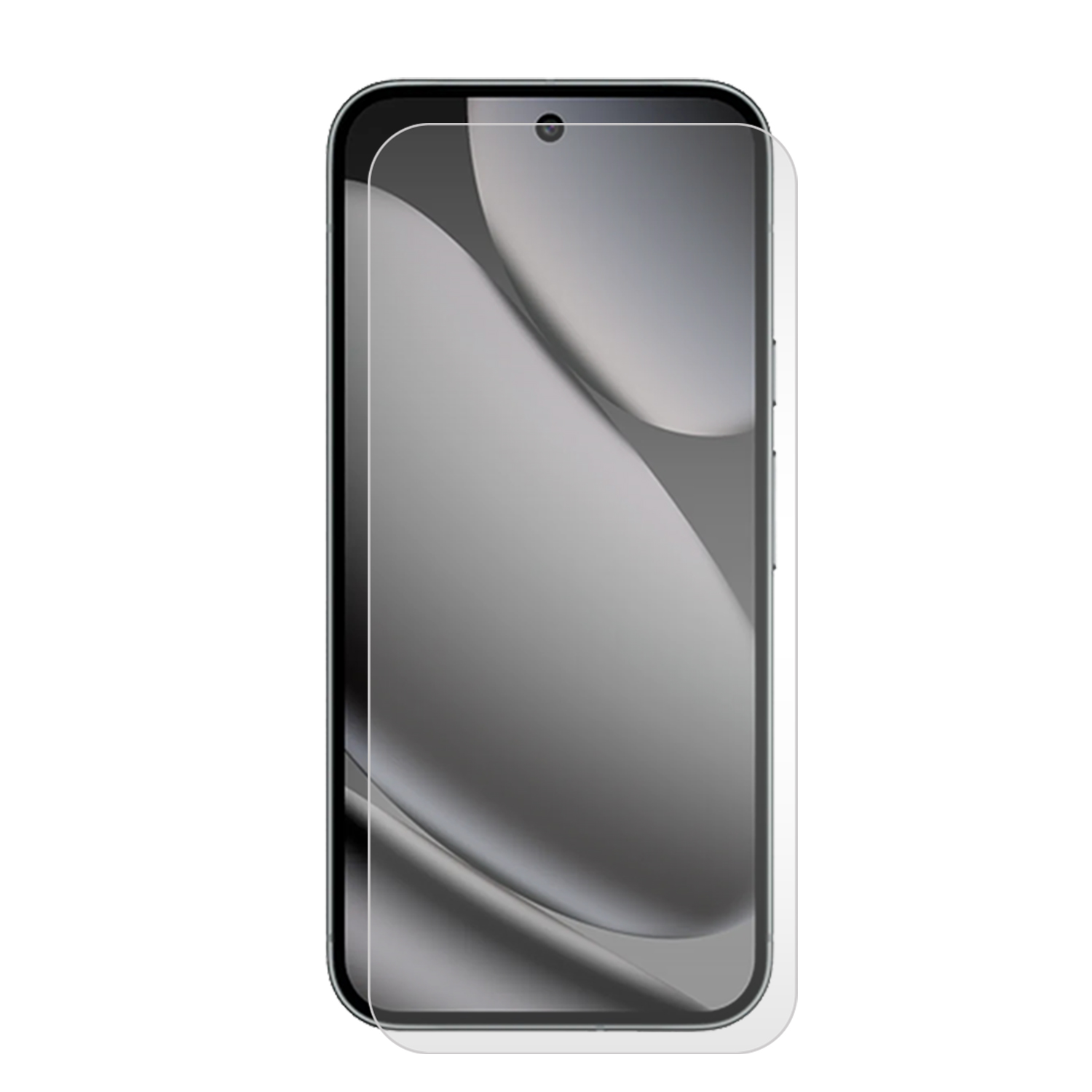 Un smartphone avec un protecteur d'écran. L'écran affiche un dégradé. Le téléphone est noir avec des coins arrondis. Le protecteur est transparent.