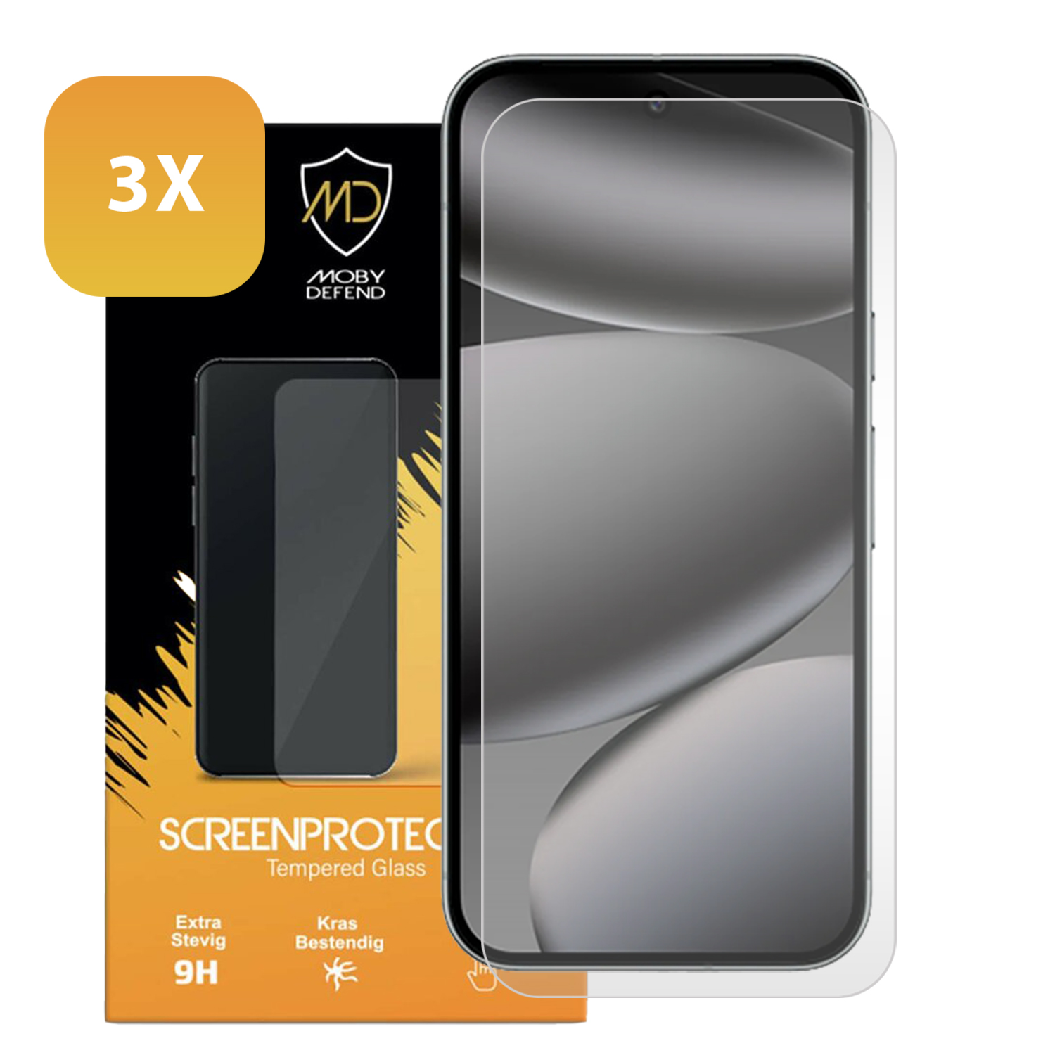 Een telefoon screenprotector wordt getoond, met een 3x label. De verpakking toont het Moby Defend logo en details van de screenprotector.