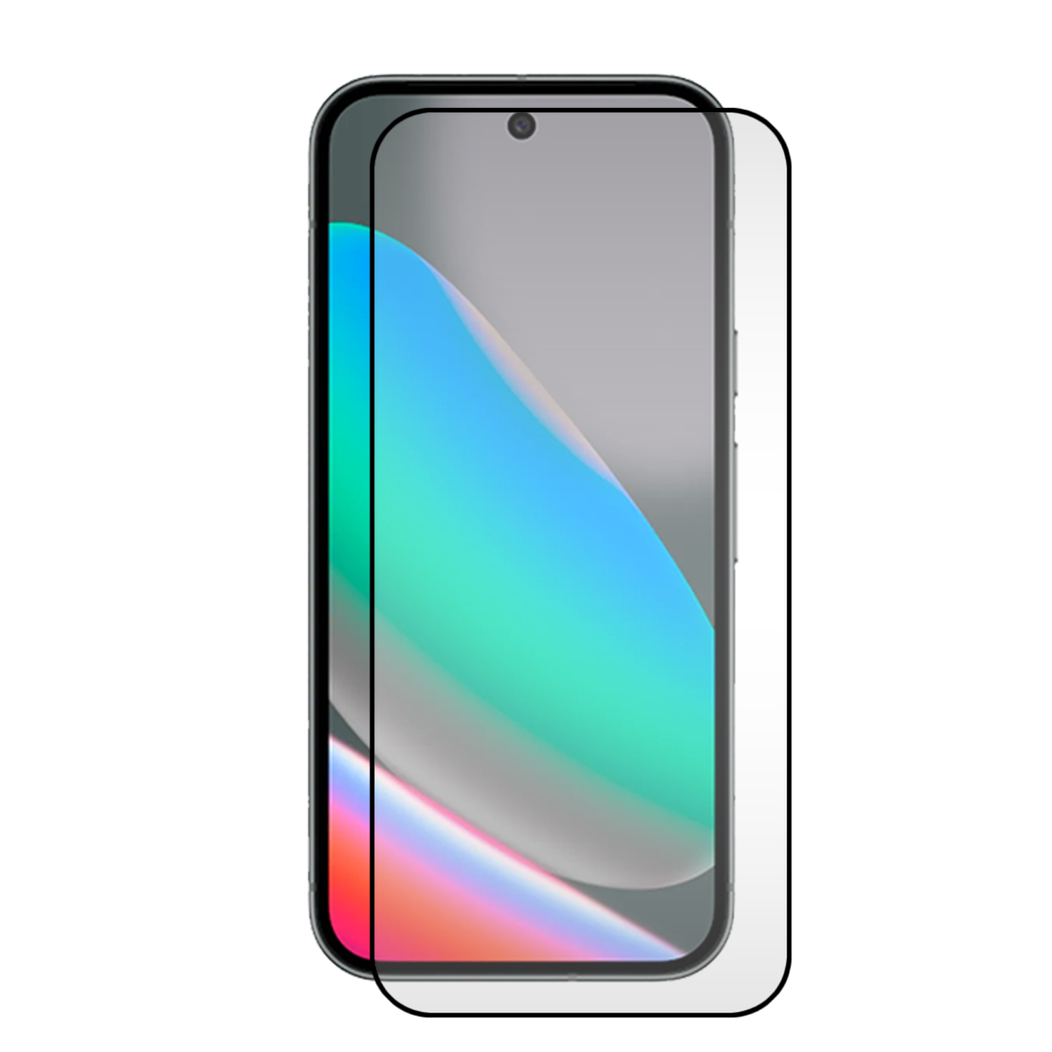 Een smartphone met een schermbeschermer aangebracht. Het scherm toont kleurrijke abstracte vormen. De telefoon is zwart, met een zwarte rand.
