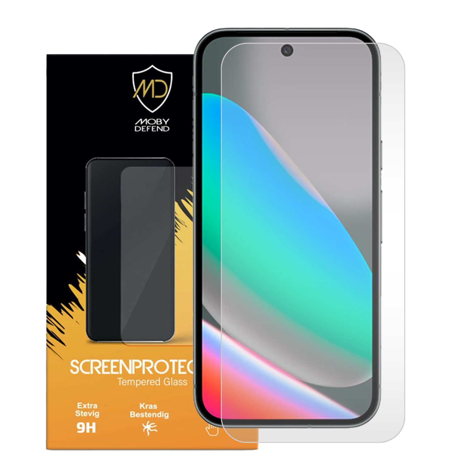 Een telefoon met een schermbeschermer. Een verpakking met het merk Moby Defend. De beschermer is transparant.