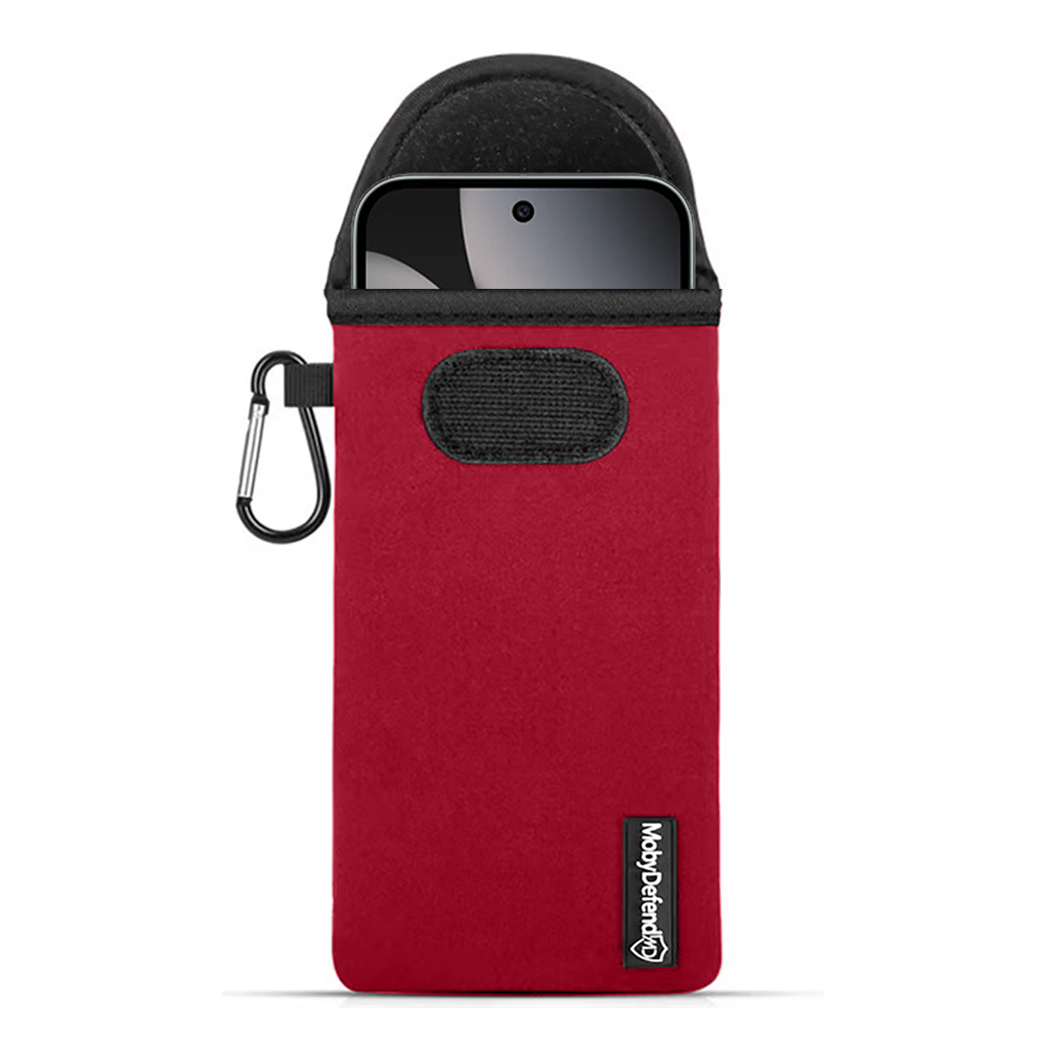 Un étui de téléphone rouge avec un dessus noir et un téléphone à l'intérieur. Il possède un mousqueton. La marque est en bas.