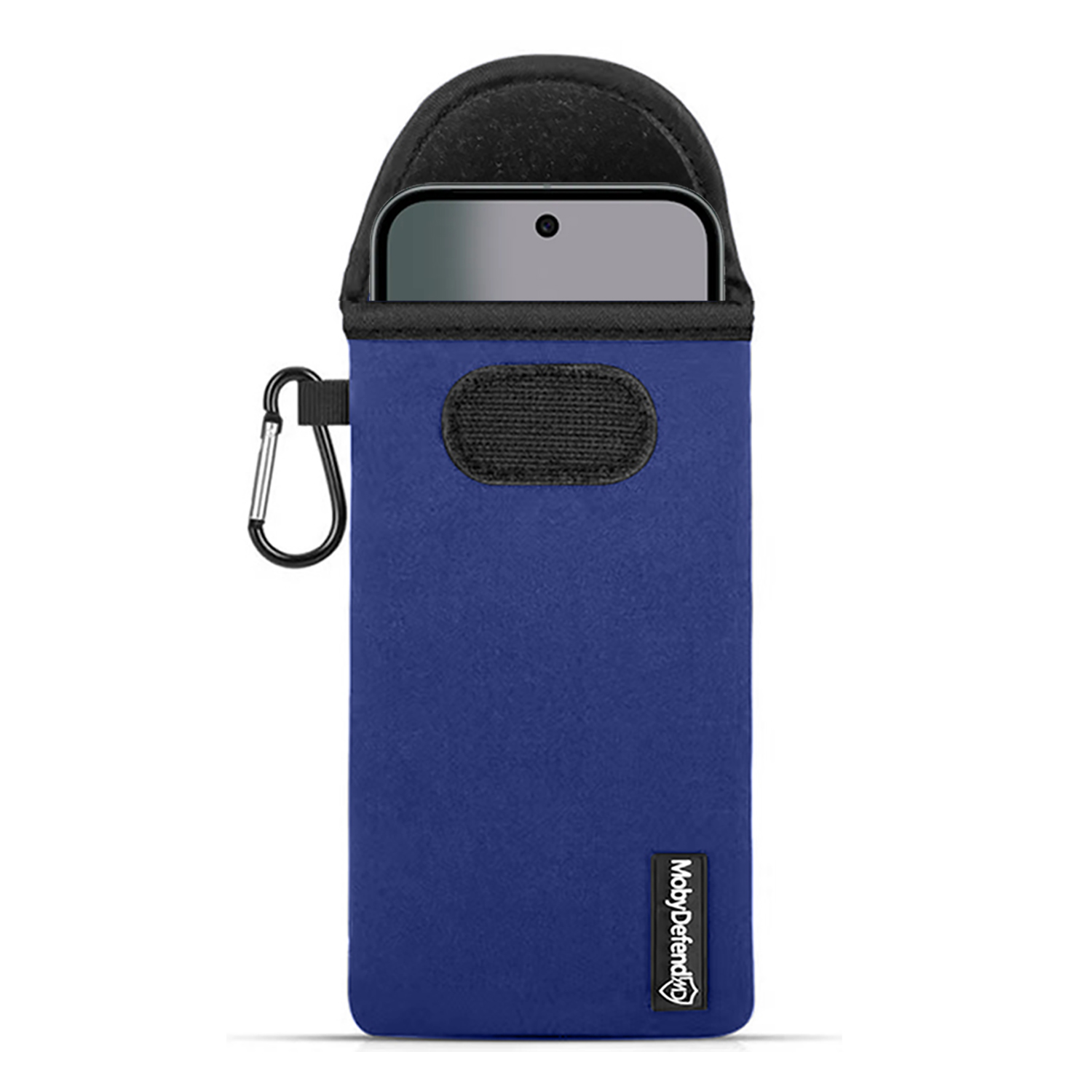 Une housse de téléphone bleue avec un dessus noir et un mousqueton. Le téléphone est partiellement visible à l'intérieur de la housse. La marque 'MobyDefend' est dessus.