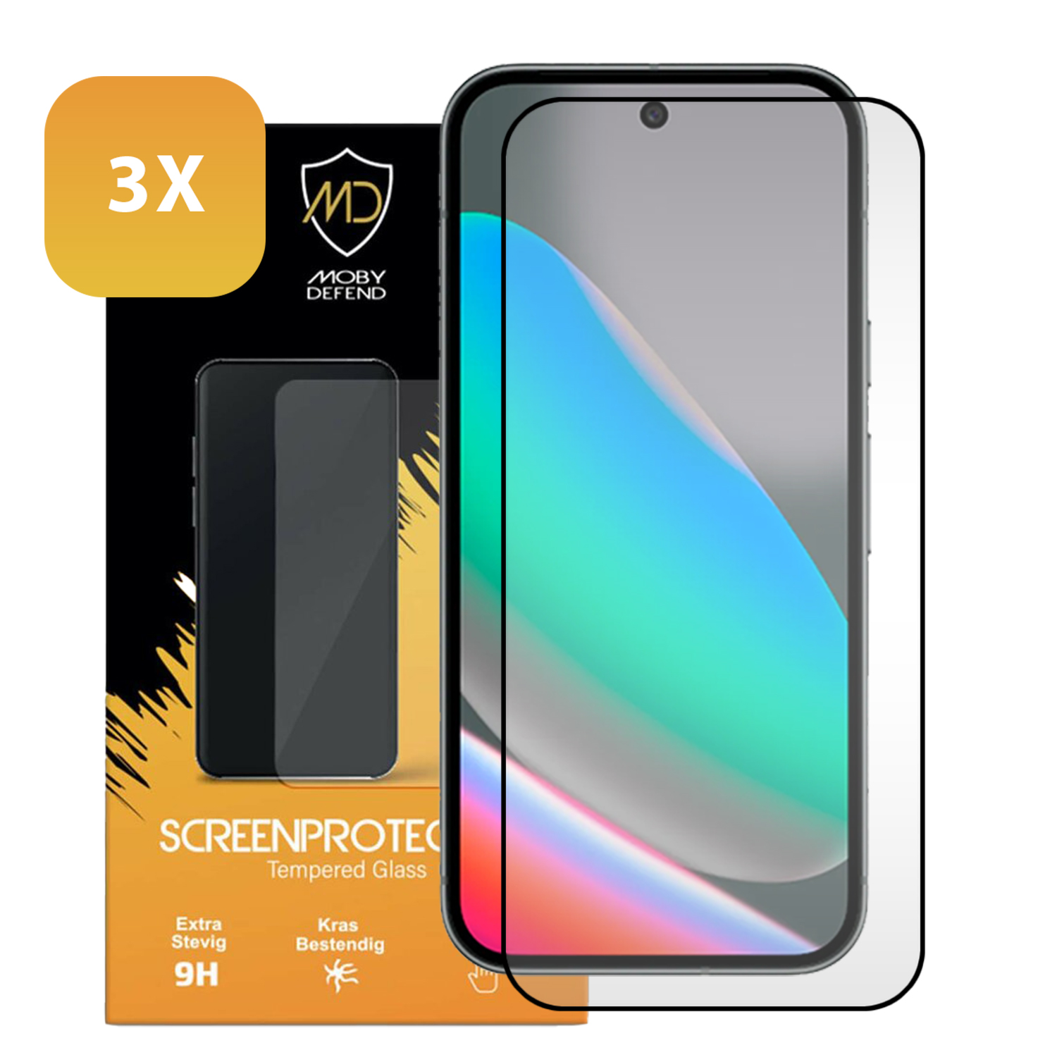 Een schermbeschermer verpakking. Het toont een telefoon met schermbeschermer en de verpakking met '3X' linksboven.