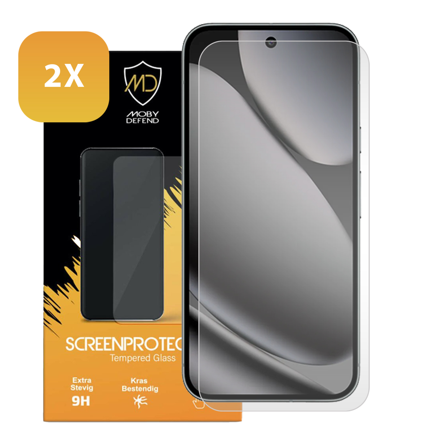 Un protecteur d'écran de téléphone avec un contour de téléphone noir et le texte SCREENPROTECTION. Une étiquette 2X est affichée.