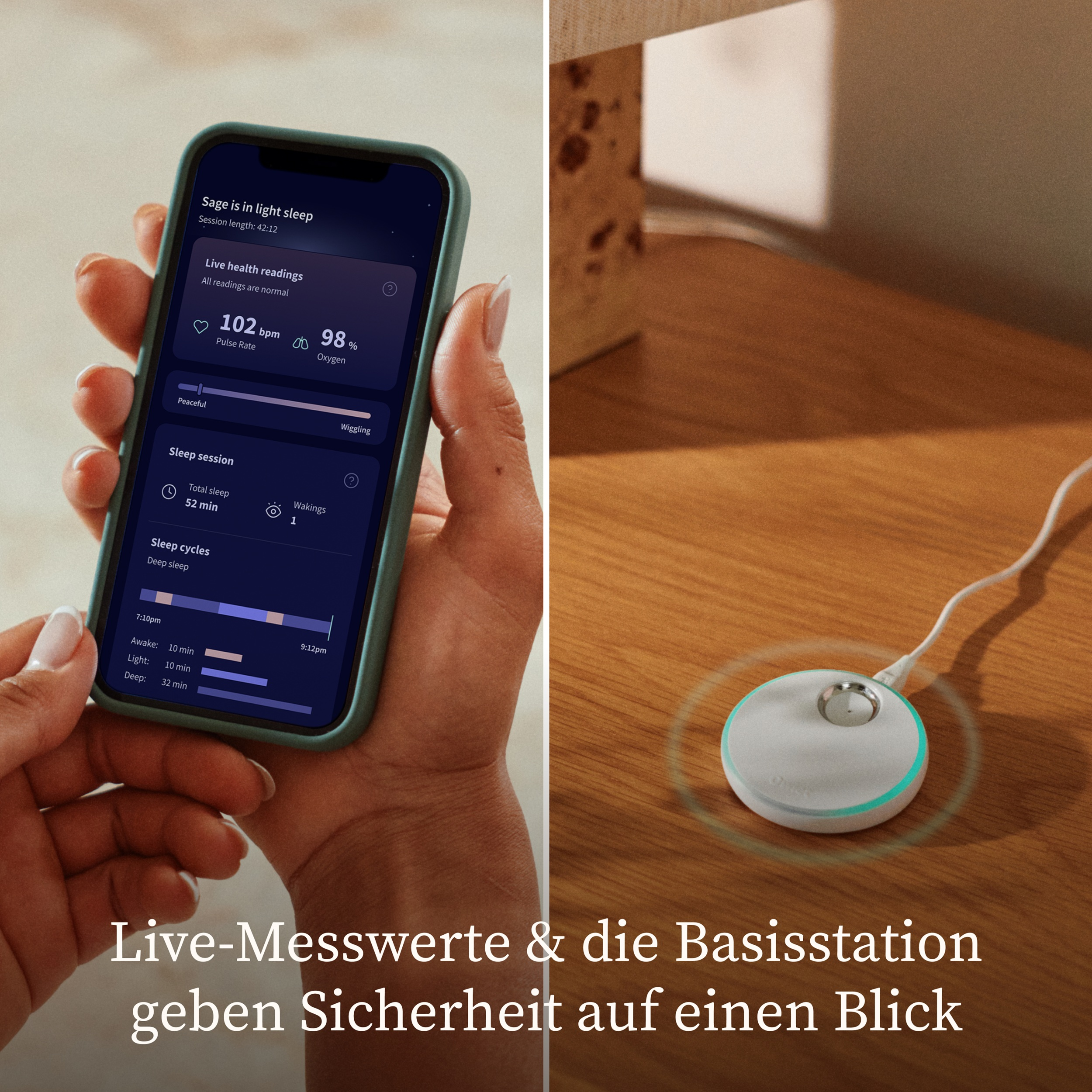 Eine Hand, die ein Telefon mit Gesundheitsdaten hält. Eine Ladestation steht auf einer Holzoberfläche. Text: Live-Messwerte & die Basisstation.