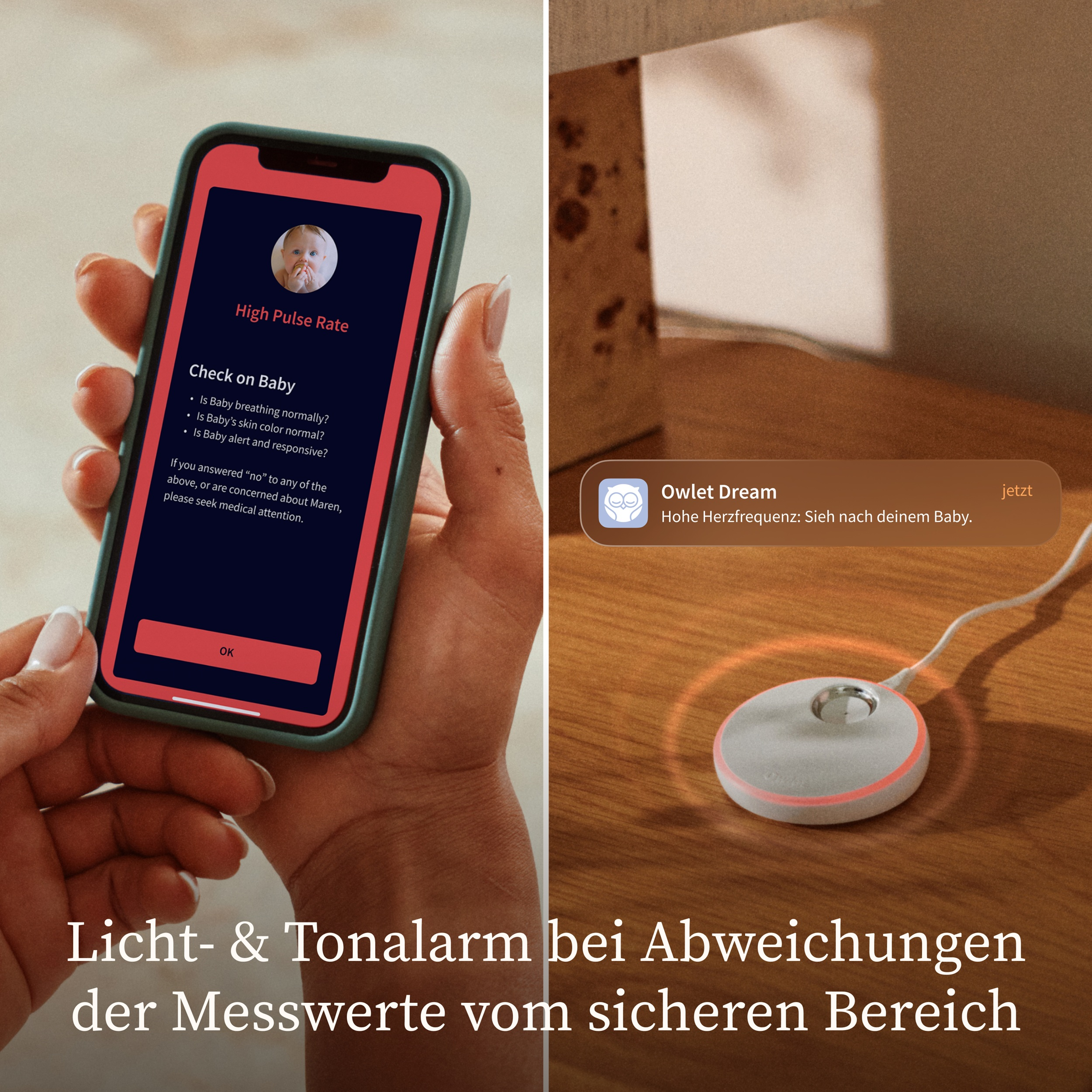 Eine Hand hält ein Telefon mit Baby-Herzfrequenz-Alarm. Ein Nachttischmonitor leuchtet orange.