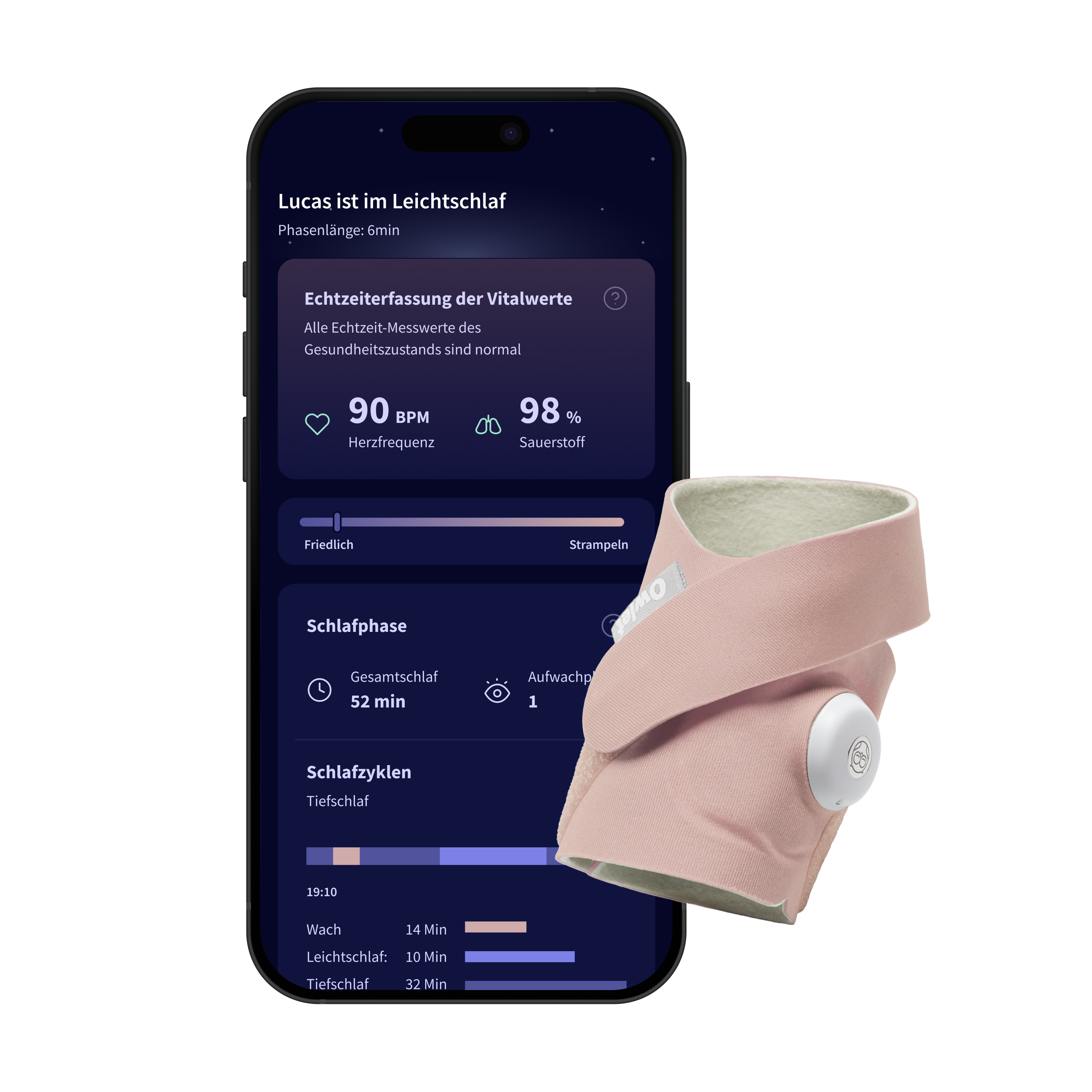 Ein Smartphone zeigt Schlafdaten an. Daneben befindet sich ein rosa Schlaftracker. Die Daten umfassen Herzfrequenz, Sauerstoff und Schlafstadien.
