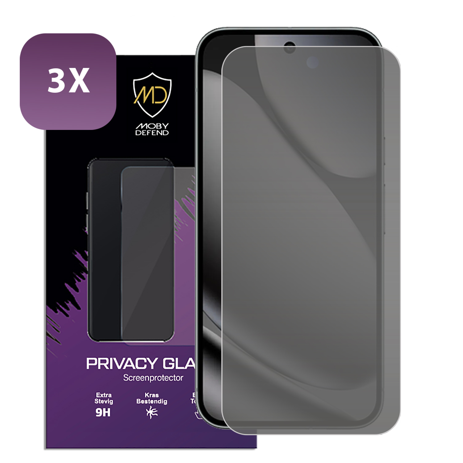 Een smartphone met een schermbeschermer en de doos. Op de doos staat 'Privacy Glass Screenprotector'.