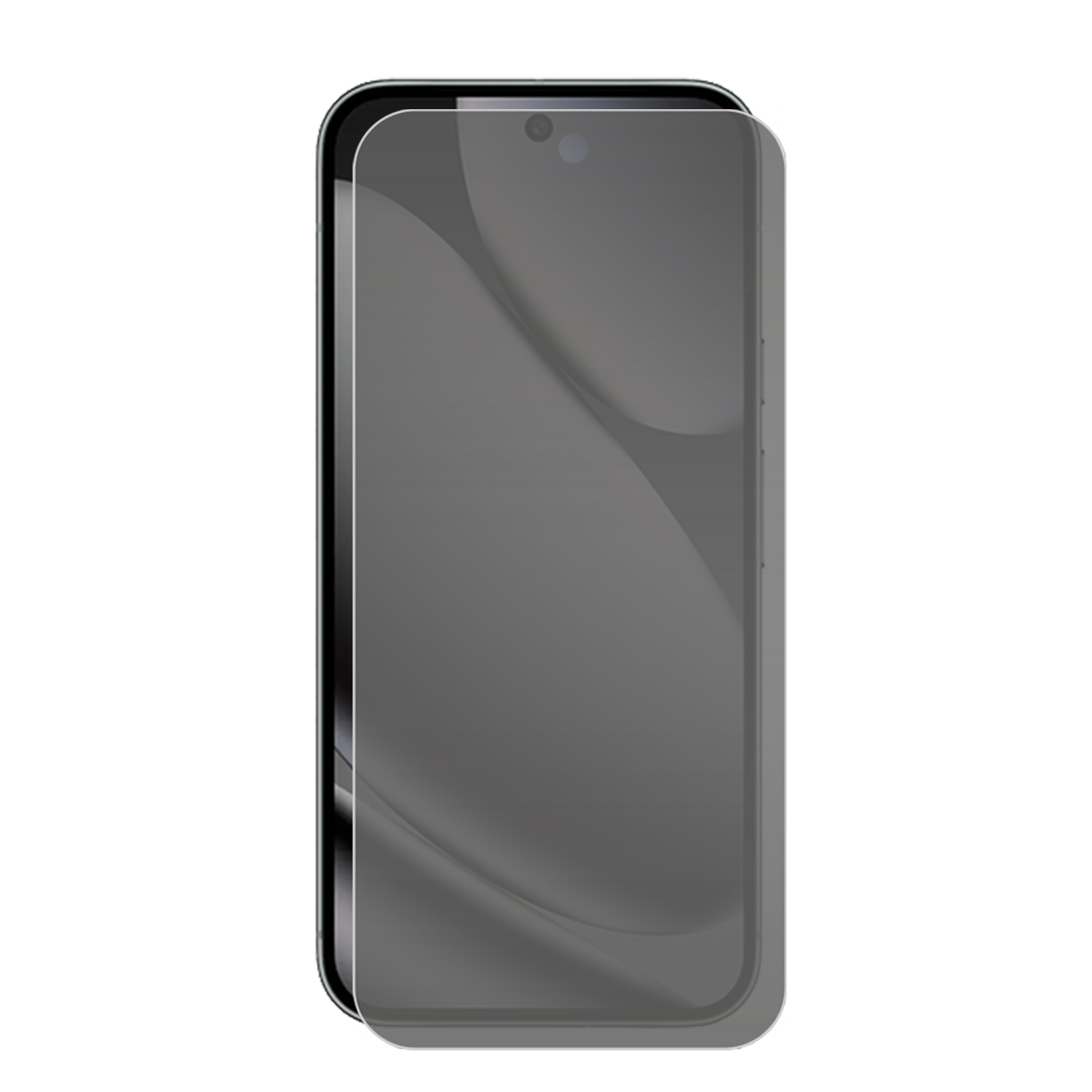 Een smartphone met een schermbeschermer aangebracht. De telefoon is zwart met een donkergrijs scherm. De beschermer heeft een gebogen rand.