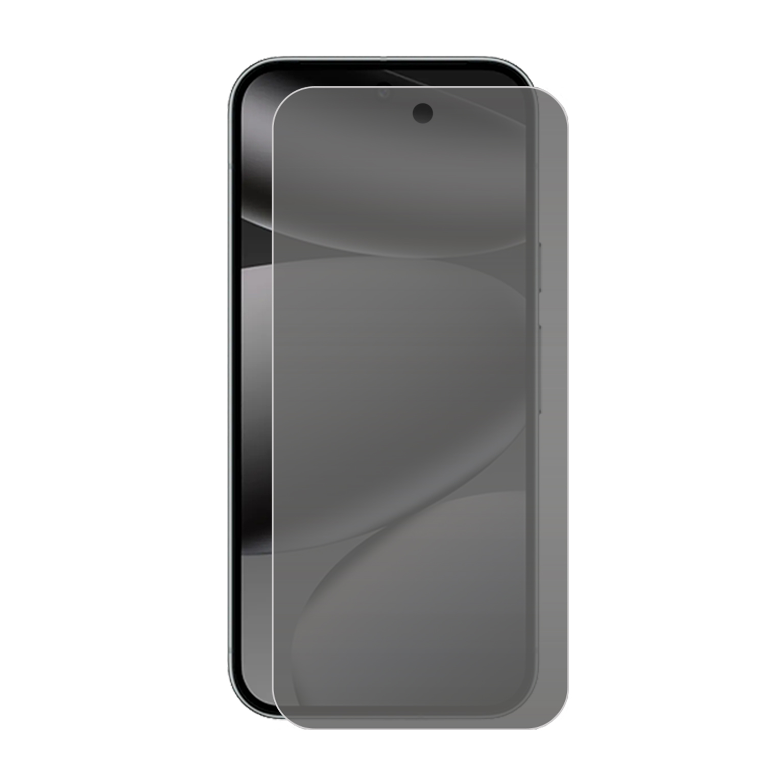 Un smartphone avec un protecteur d'écran appliqué. Le protecteur est de couleur gris foncé. Le téléphone est noir avec des coins arrondis.
