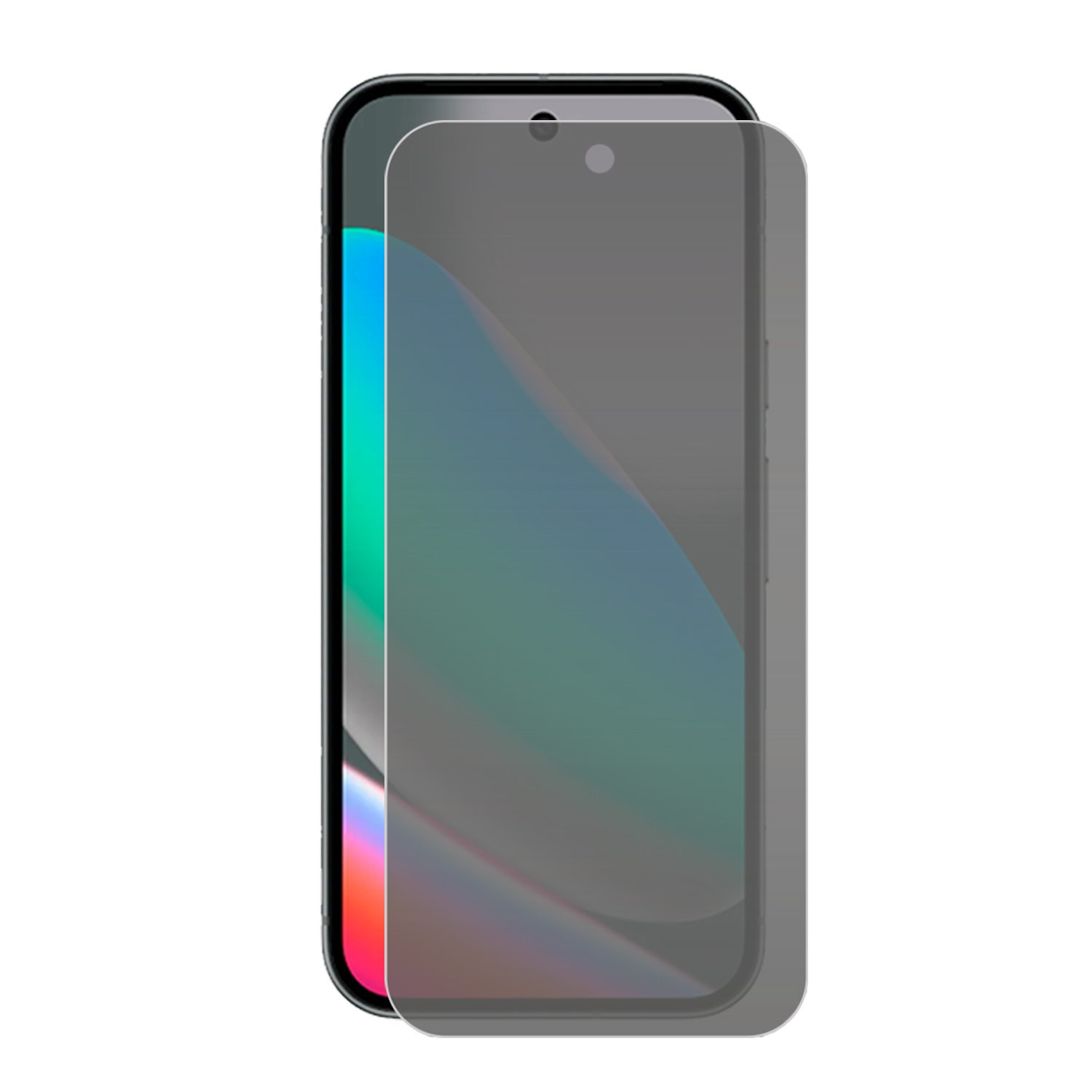 Un smartphone avec un protecteur d'écran. L'écran affiche un dégradé de couleurs. Le protecteur est gris et couvre la majeure partie de l'écran.