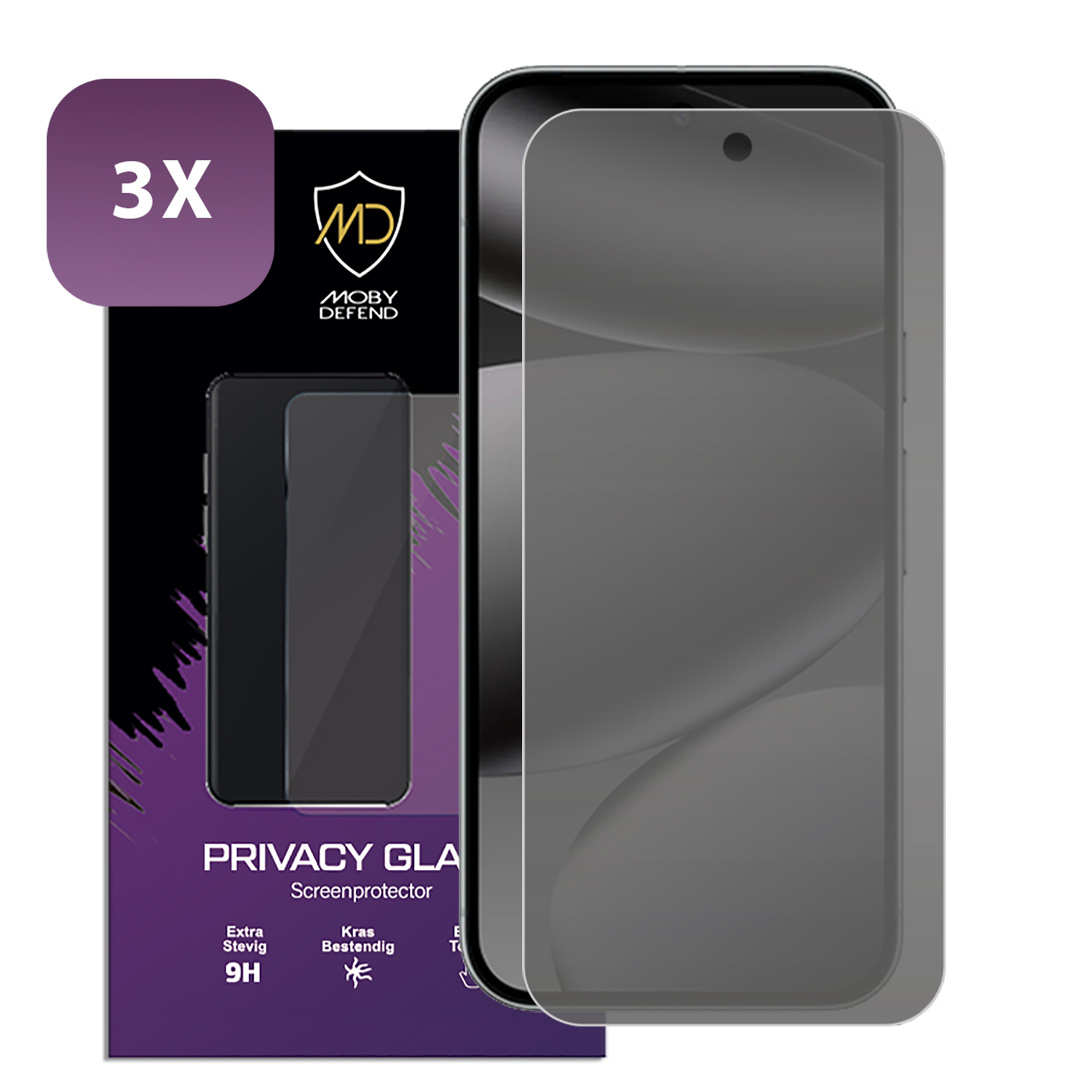 Een smartphone met een privacy screenprotector naast de productdoos. De doos heeft een logo en de tekst 'PRIVACY GLA Screenprotector'.