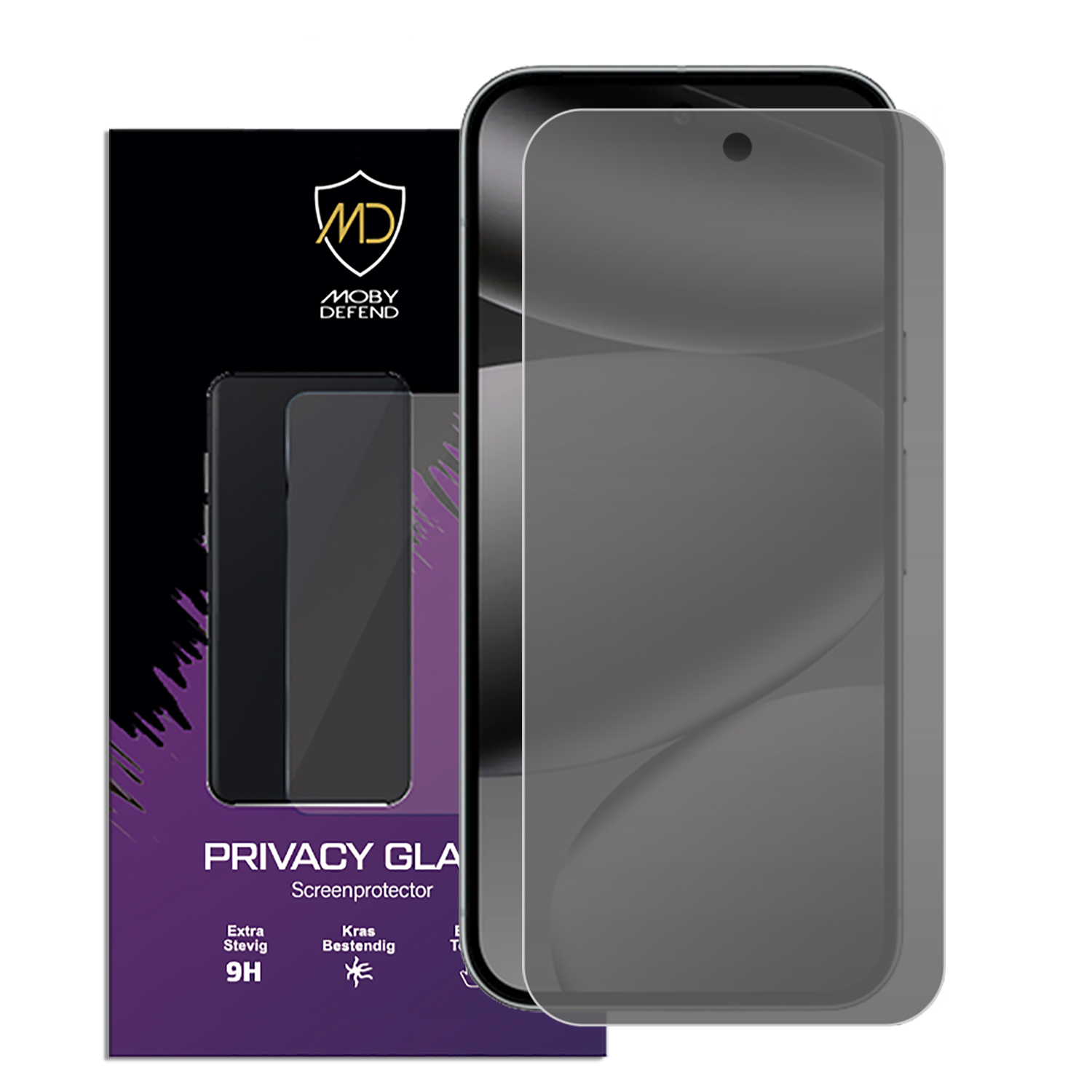 Un protecteur d'écran et un téléphone sont affichés. La boîte du protecteur est noire et violette avec le logo et le texte de la marque.