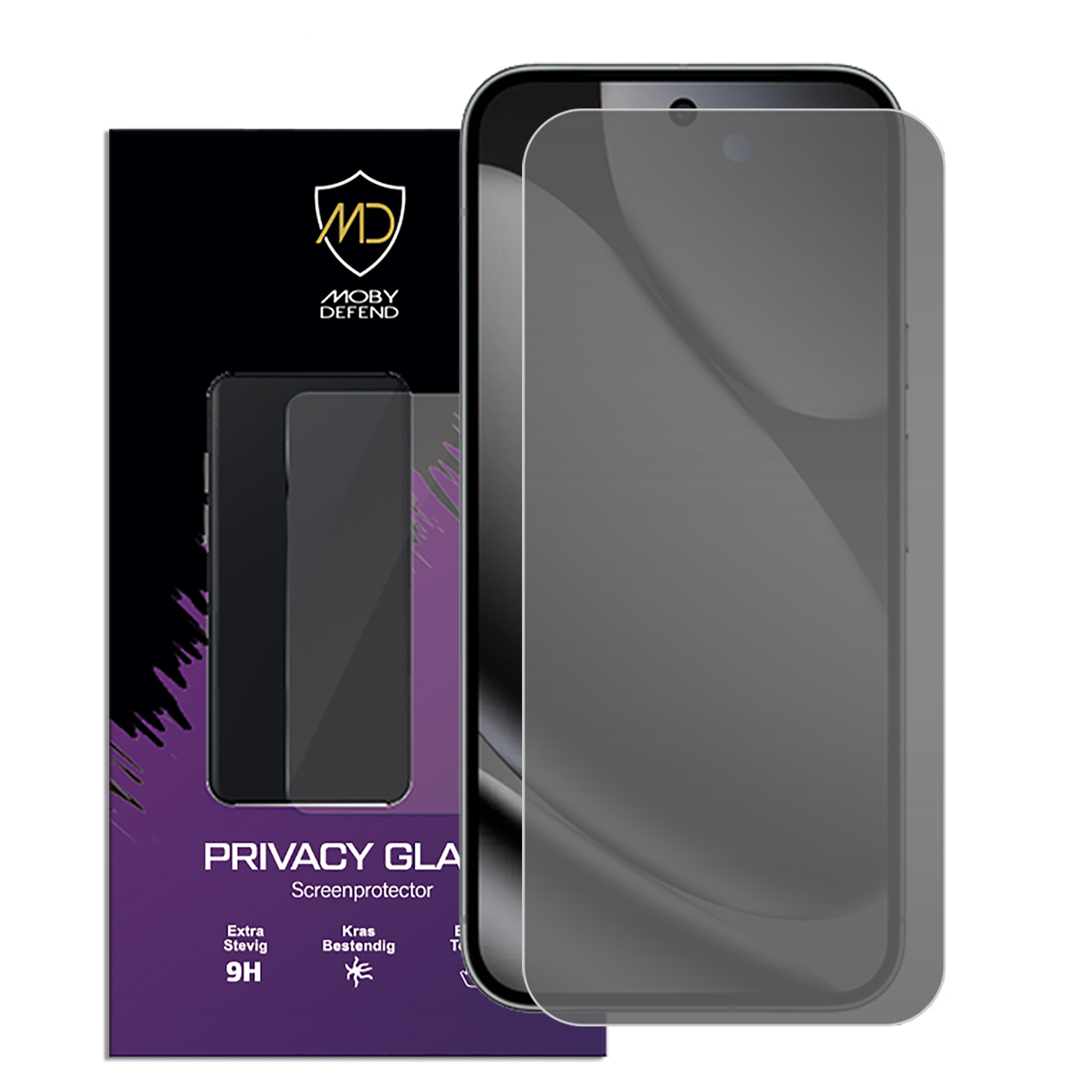 Een smartphone met een privacy screenprotector staat naast de verpakking. De verpakking is zwart en paars, met de merknaam en productinfo.
