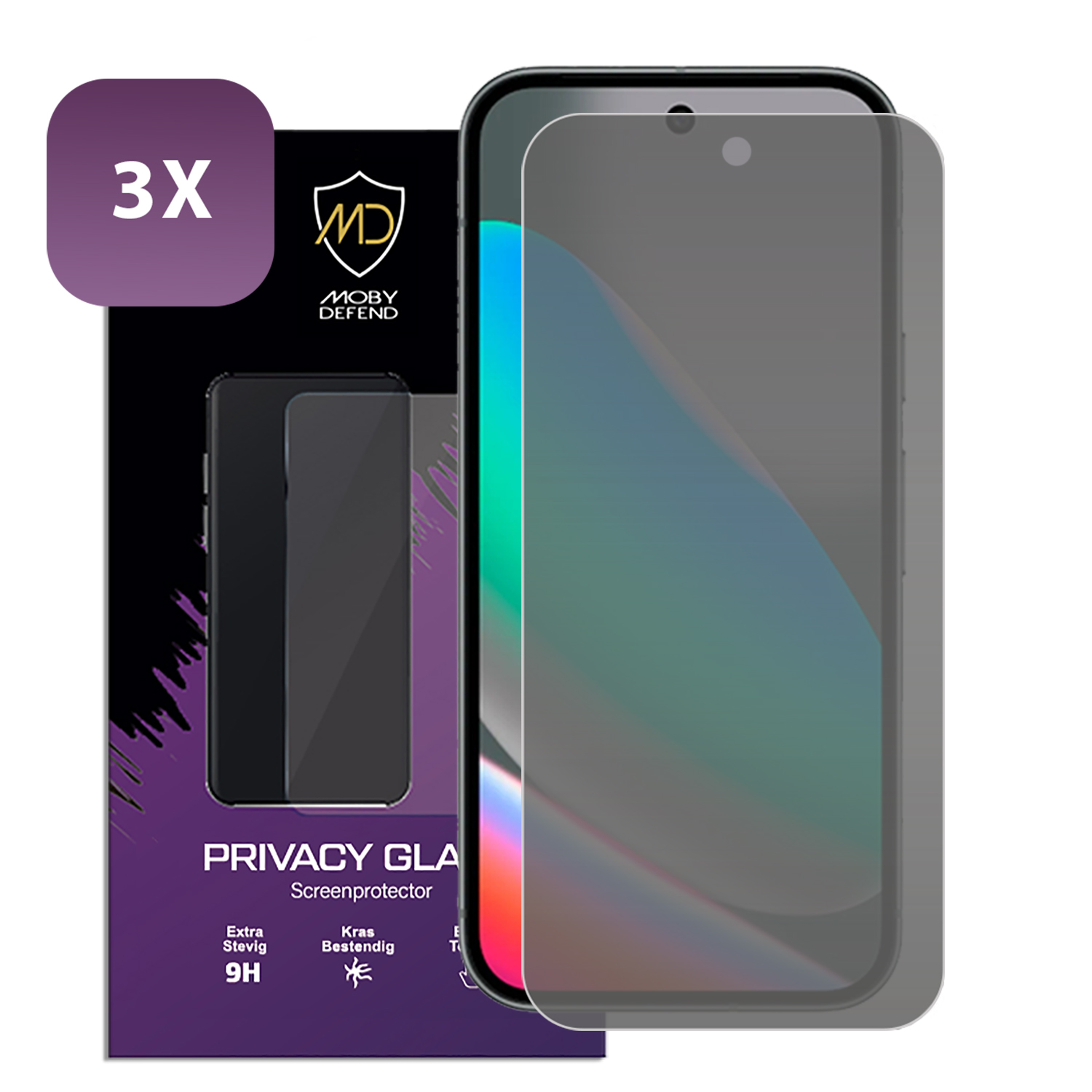Un smartphone avec un protecteur d'écran de confidentialité. L'emballage affiche 3X et mentionne verre de confidentialité, extra robuste et 9H.