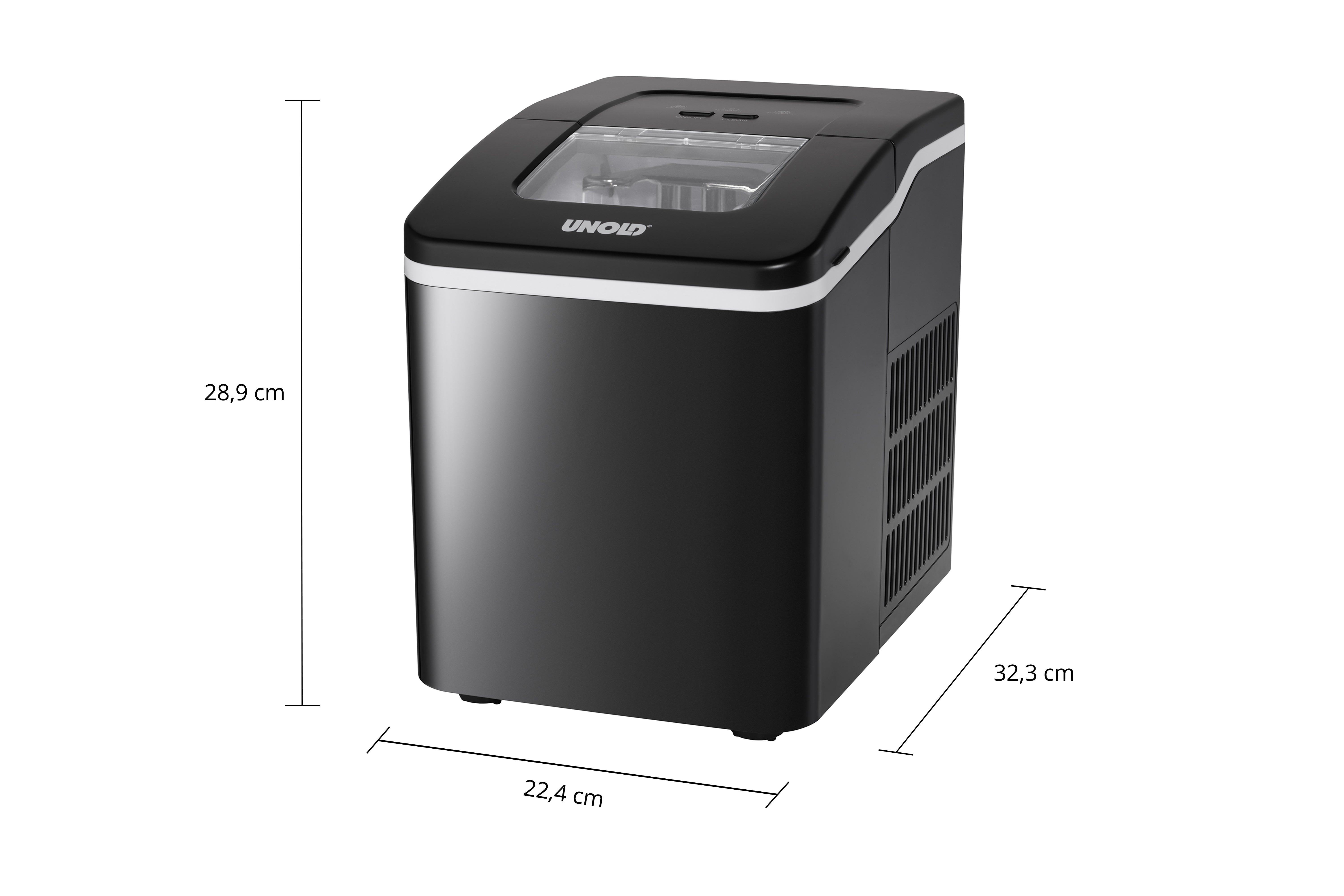 Czarna kostkarka do lodu UNOLD z przezroczystą pokrywą. Wymiary: wysokość 28,9 cm, szerokość 22,4 cm i głębokość 32,3 cm.