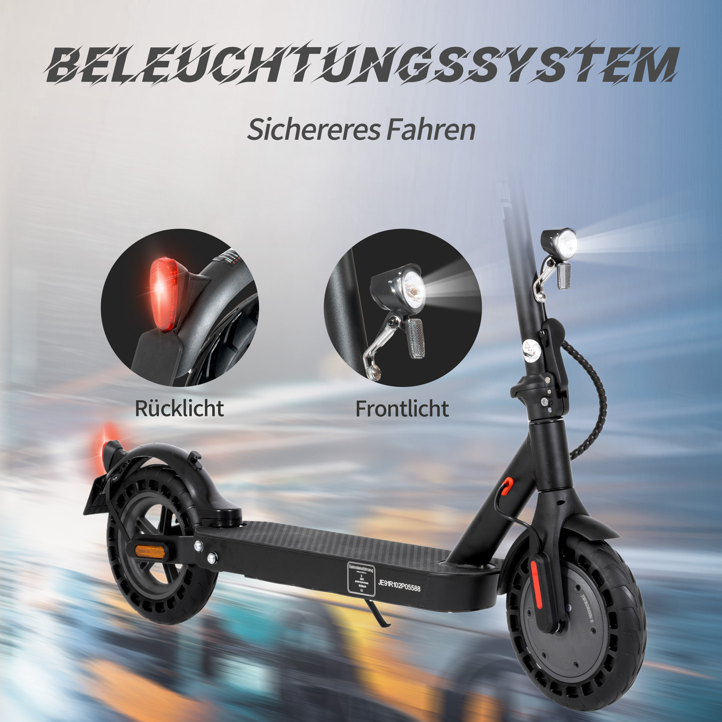 Schwarzer Elektroroller mit Lichtern. Zeigt Vorder- und Rücklichter, mit Text 'Beleuchtungssystem'. Der Hintergrund ist blau verschwommen.