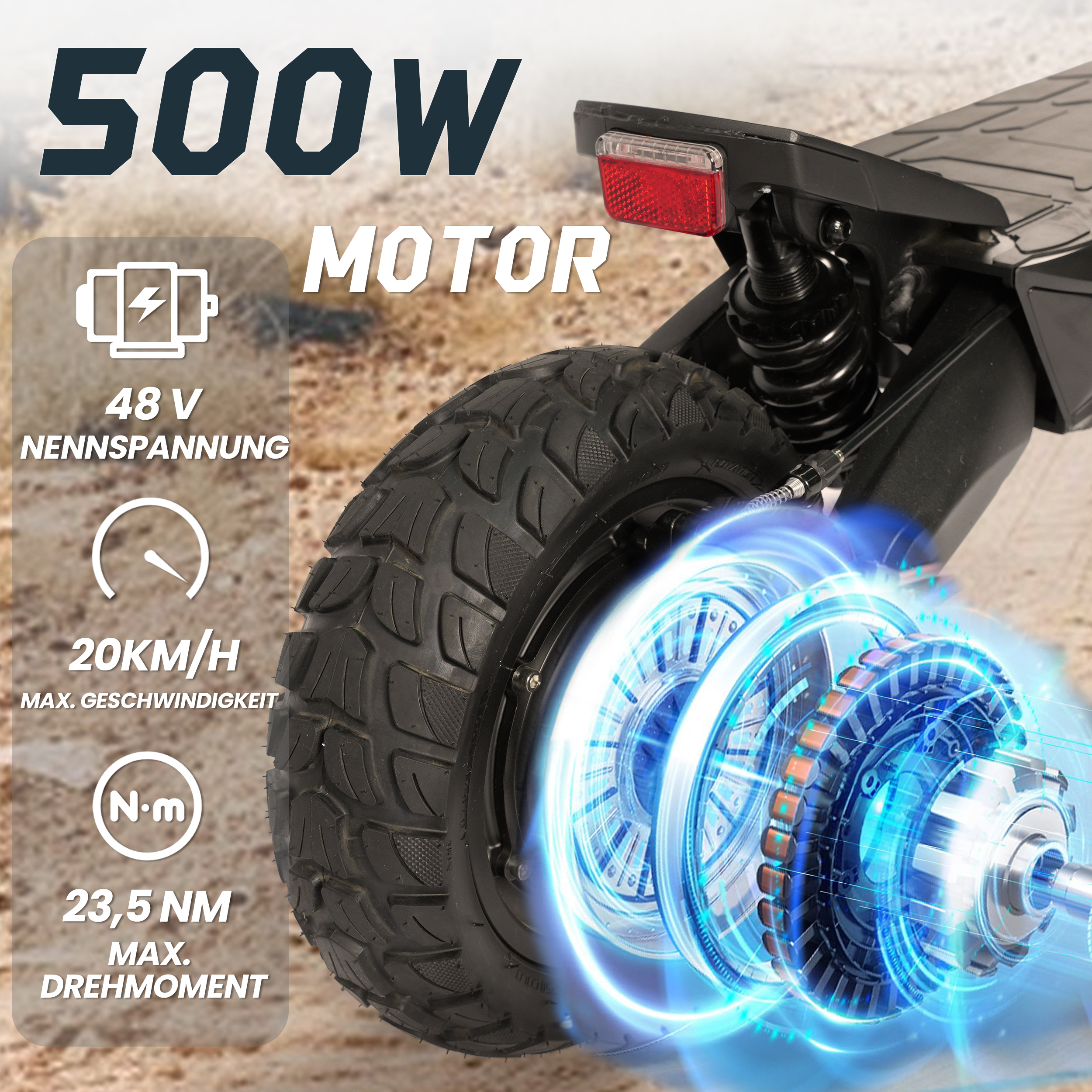 Nahaufnahme eines E-Scooter-Rads mit Spezifikationen: 500W Motor, 48V, 20km/h max Geschwindigkeit, und 23,5 Nm Drehmoment.