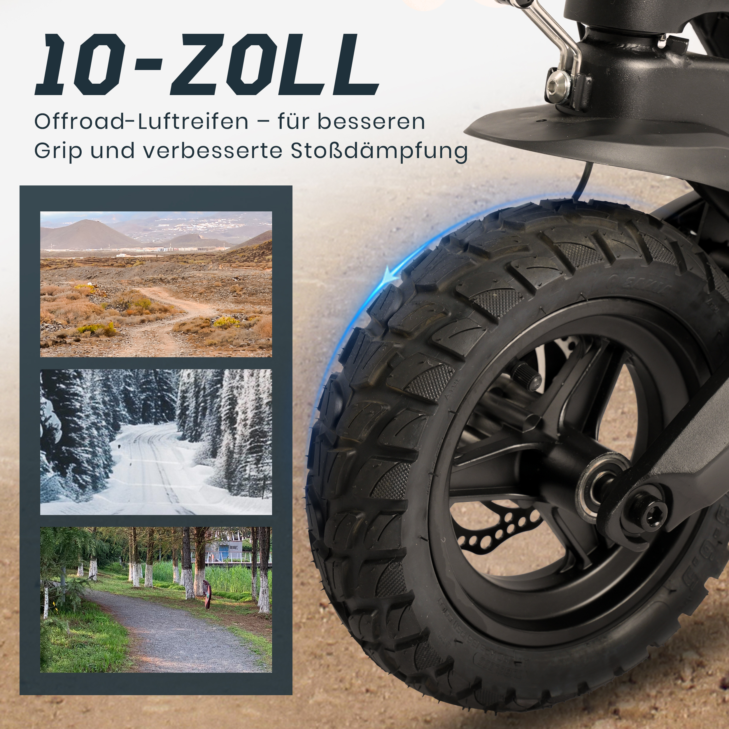 Nahaufnahme eines schwarzen Rollerreifens mit grobem Profil. Drei inset Bilder zeigen verschiedene Terrains, um die Vielseitigkeit zu zeigen.