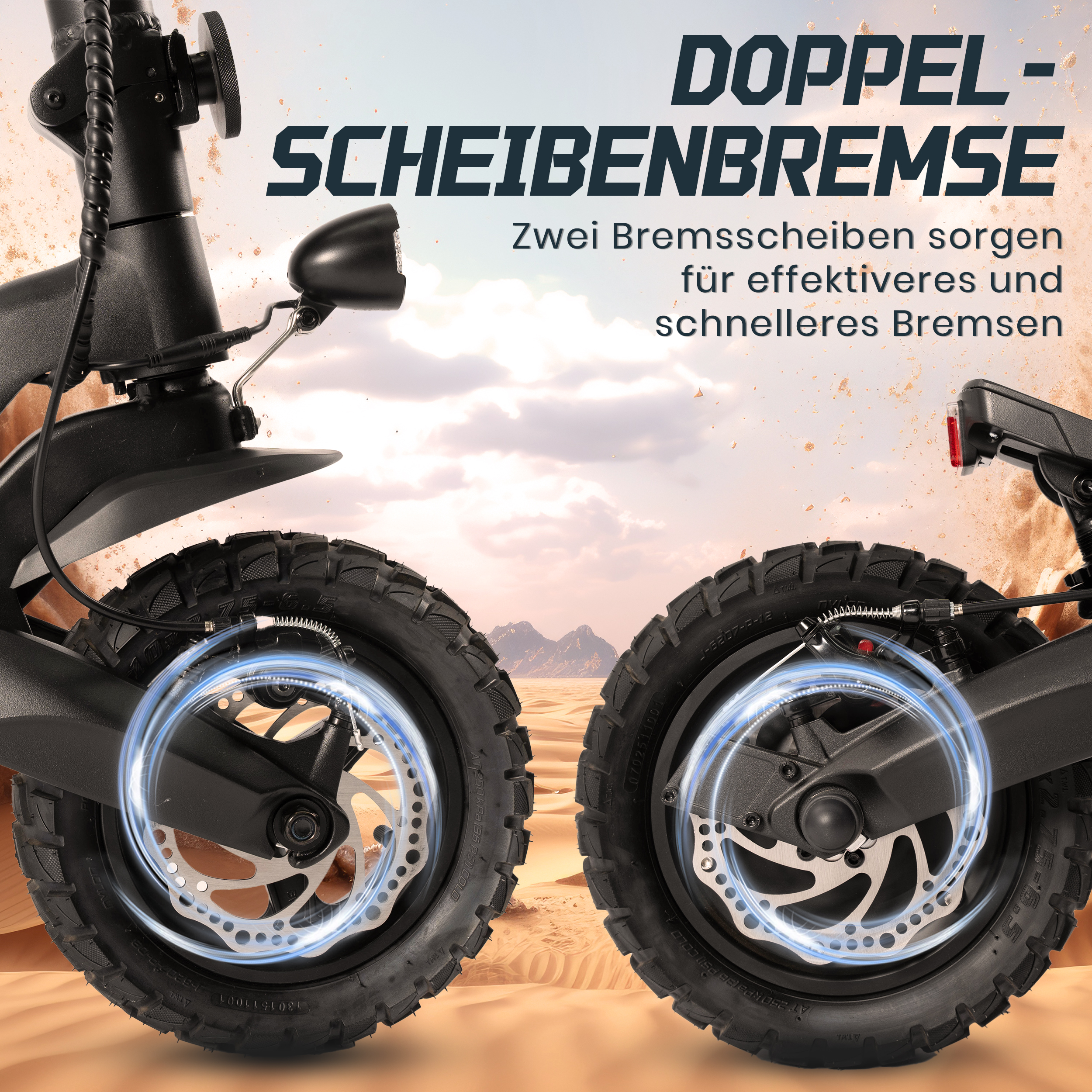 Ein Elektroroller mit Scheibenbremsen, zwei Rädern mit schwarzen Reifen und Wüstenhintergrund.